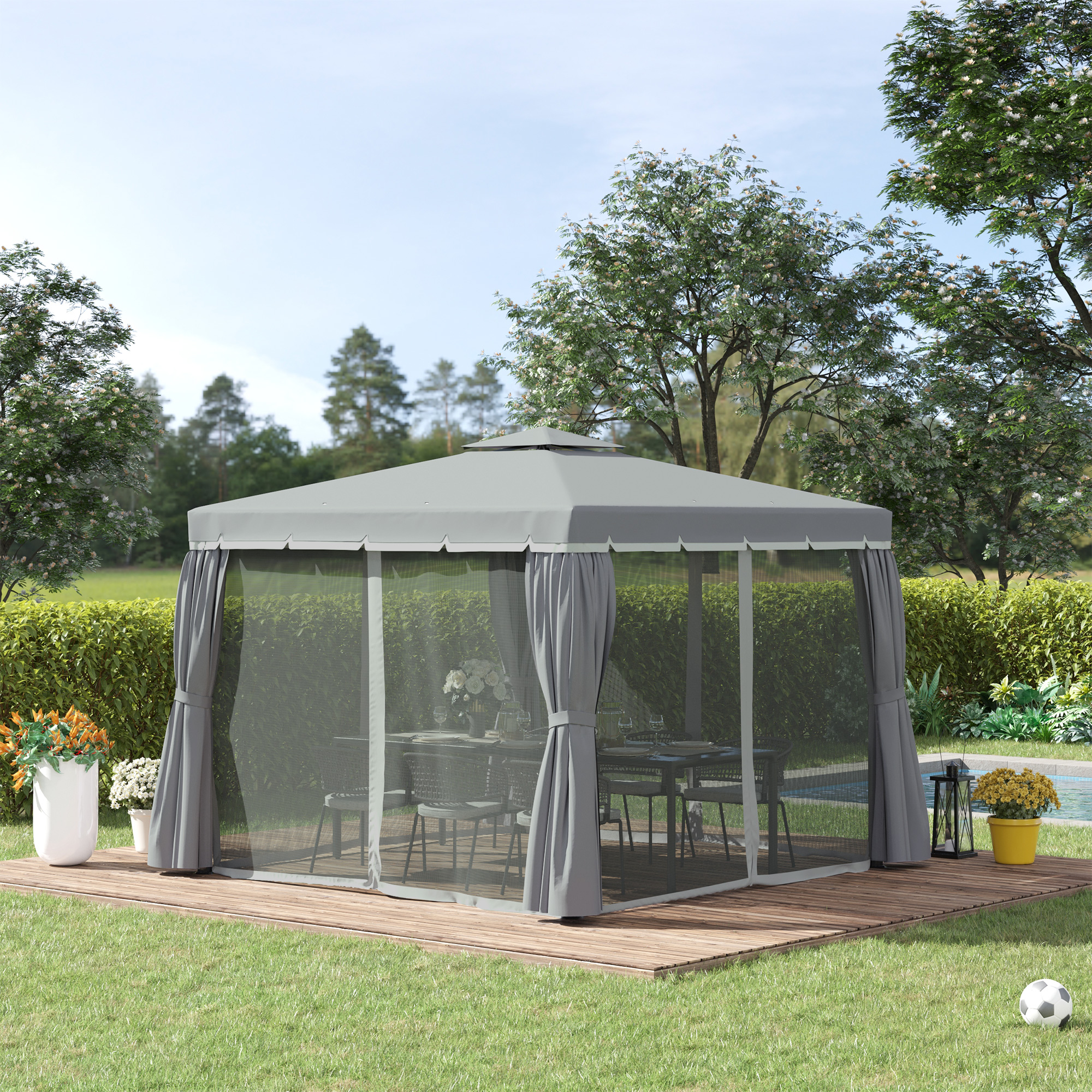 Gartenpavillon Pavillon 2,96 x 2,96 m Gartenzelt mit Doppeldach Festzelt Partyzelt mit 4 x Seitenteile Moskitonetz wetterfest Aluminium Polyester Dunkelgrau
