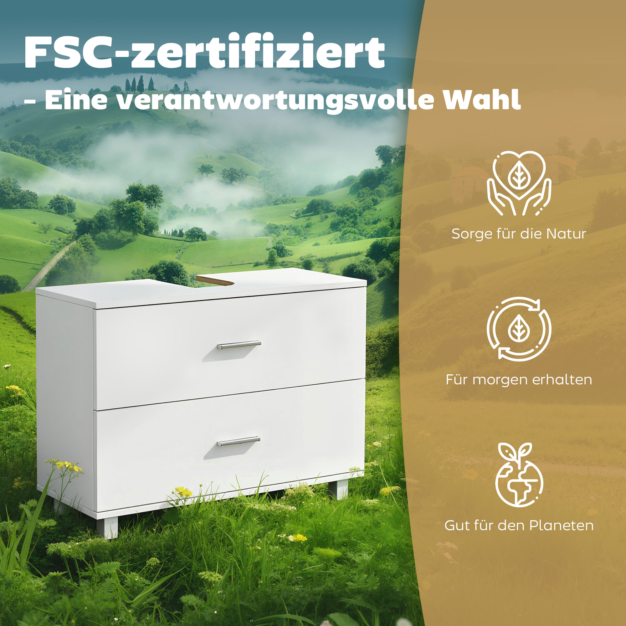 Moderner Badezimmer-Unterschrank mit 2 Schubladen, freistehender Unterschrank für Waschbecken ohne Sockel, Weiß