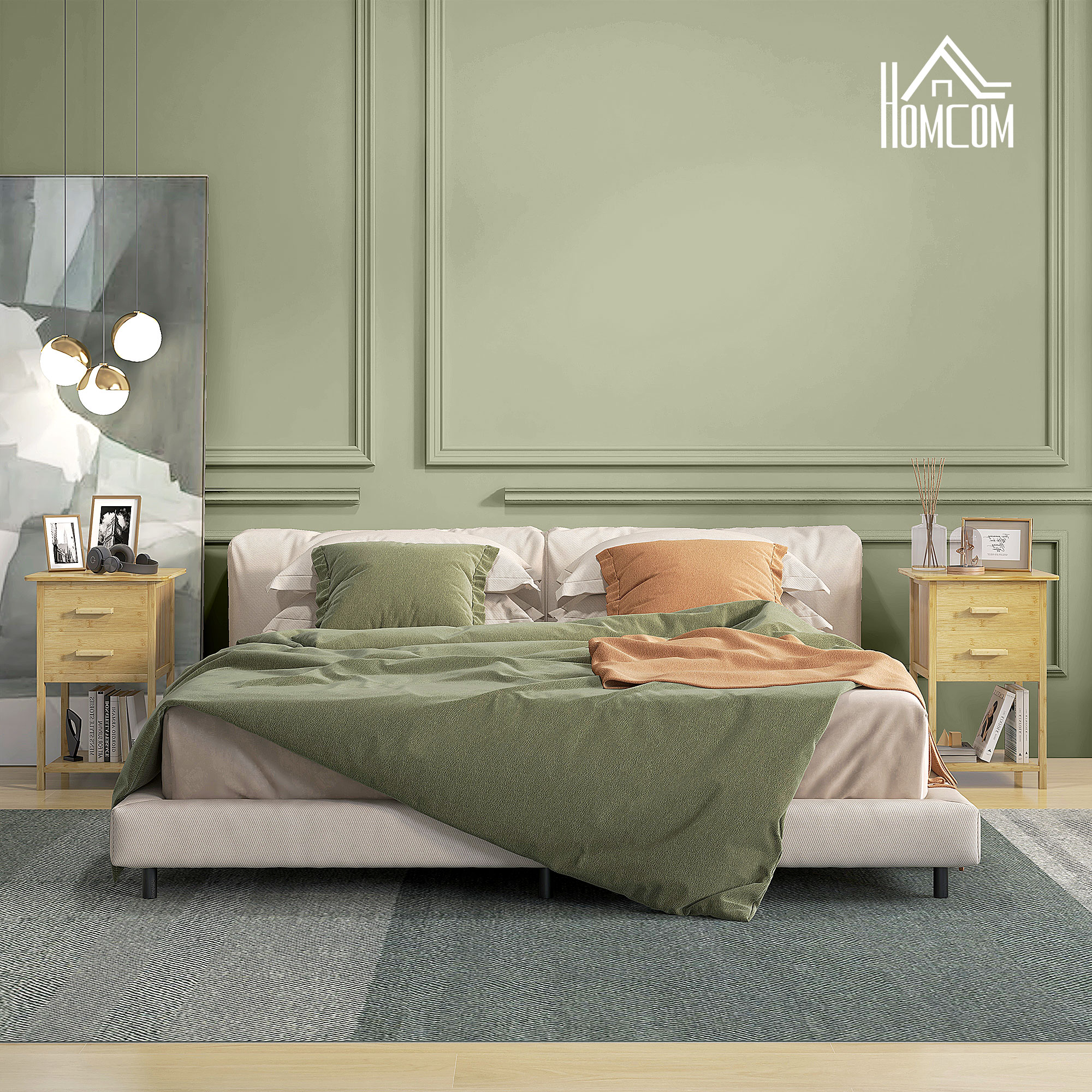 Nachtschrank, 2er-Set, Skandi-Design, Bambus, 2 Schubladen & Regal, 40x34x60cm