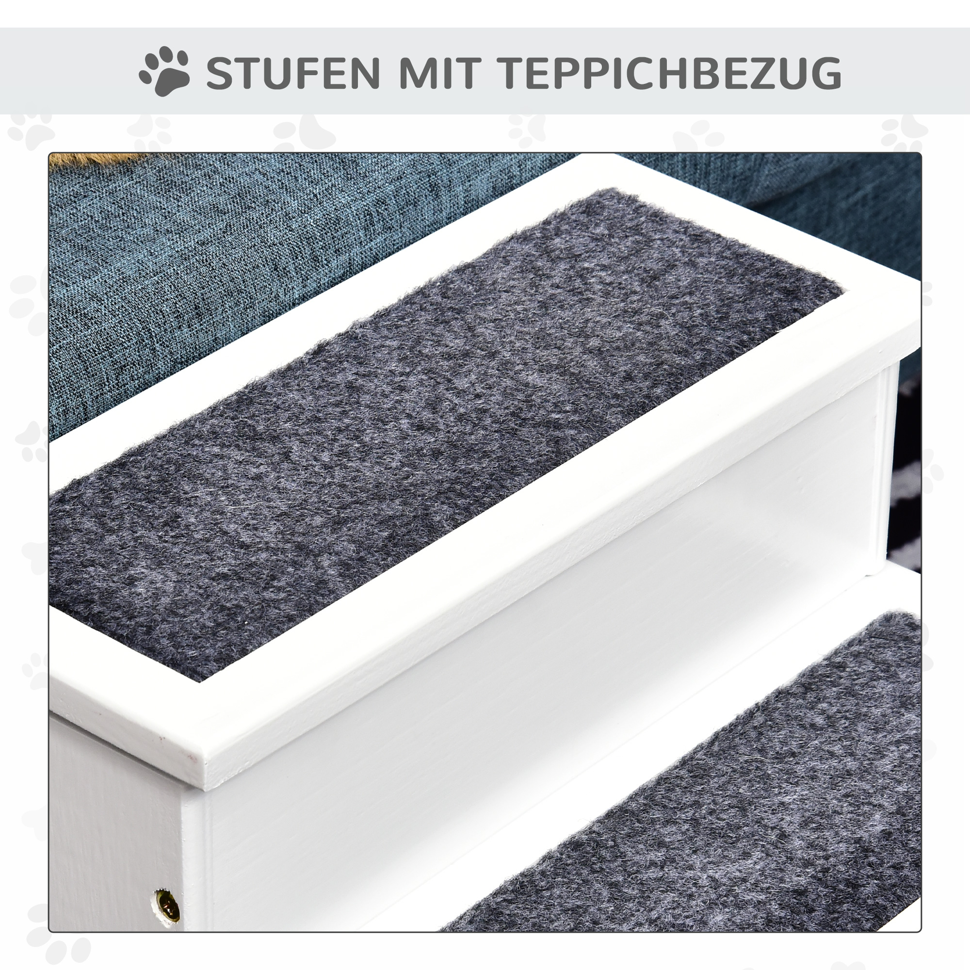 Hundetreppe 3 Stufen Katzentreppe Haustiertreppe Hundetreppe für Hunde und Katzen Tiertreppe Einstiegshilfe mit Teppich Stauraum für Sofa Bett Tannenholz Weiß 40,5 x 44,5 x 38 cm