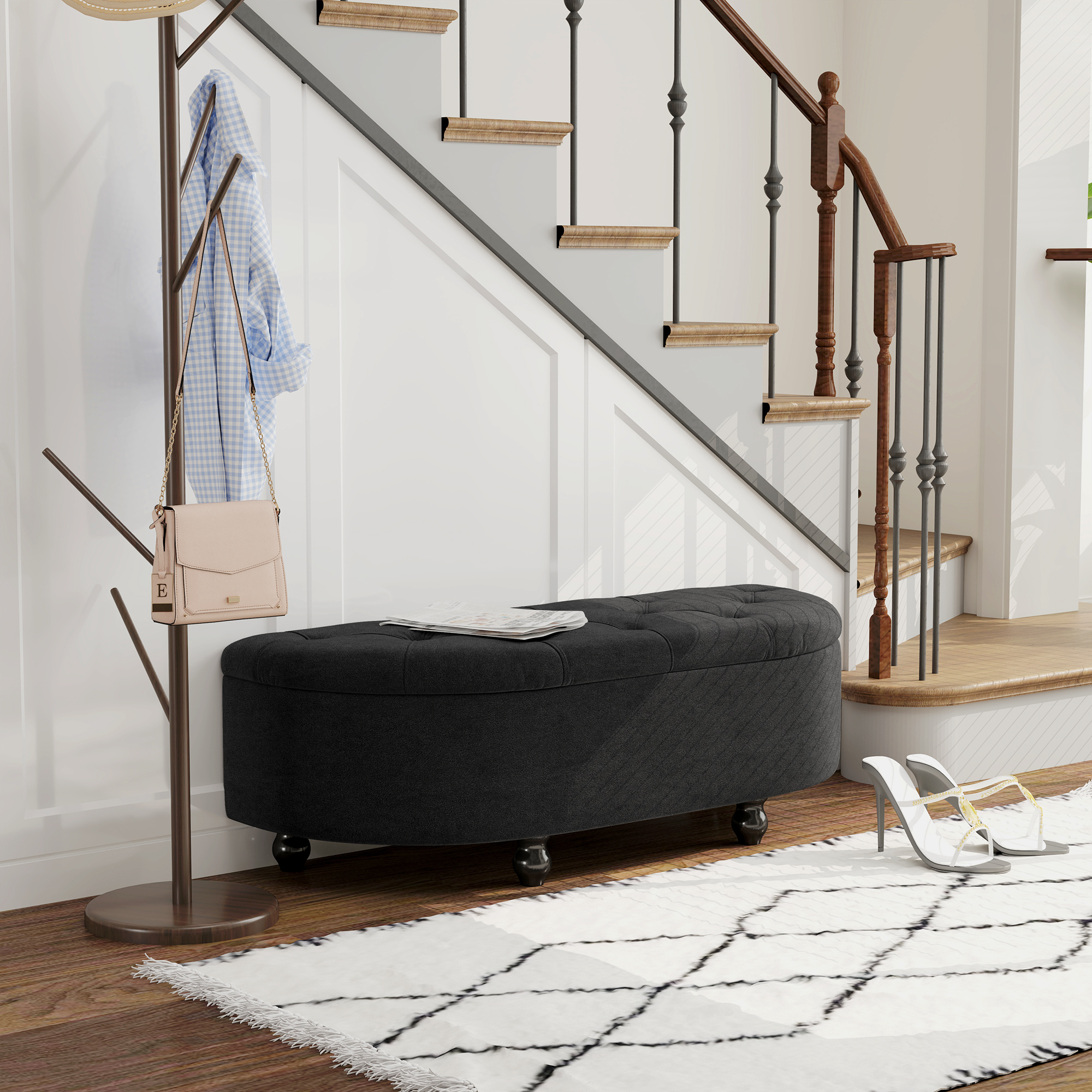 Hocker mit Stauraum, Sitztruhe, gepolstert, soft-close Deckel, Samtoptik, 120 x 46 x 42 cm, Dunkelgrau