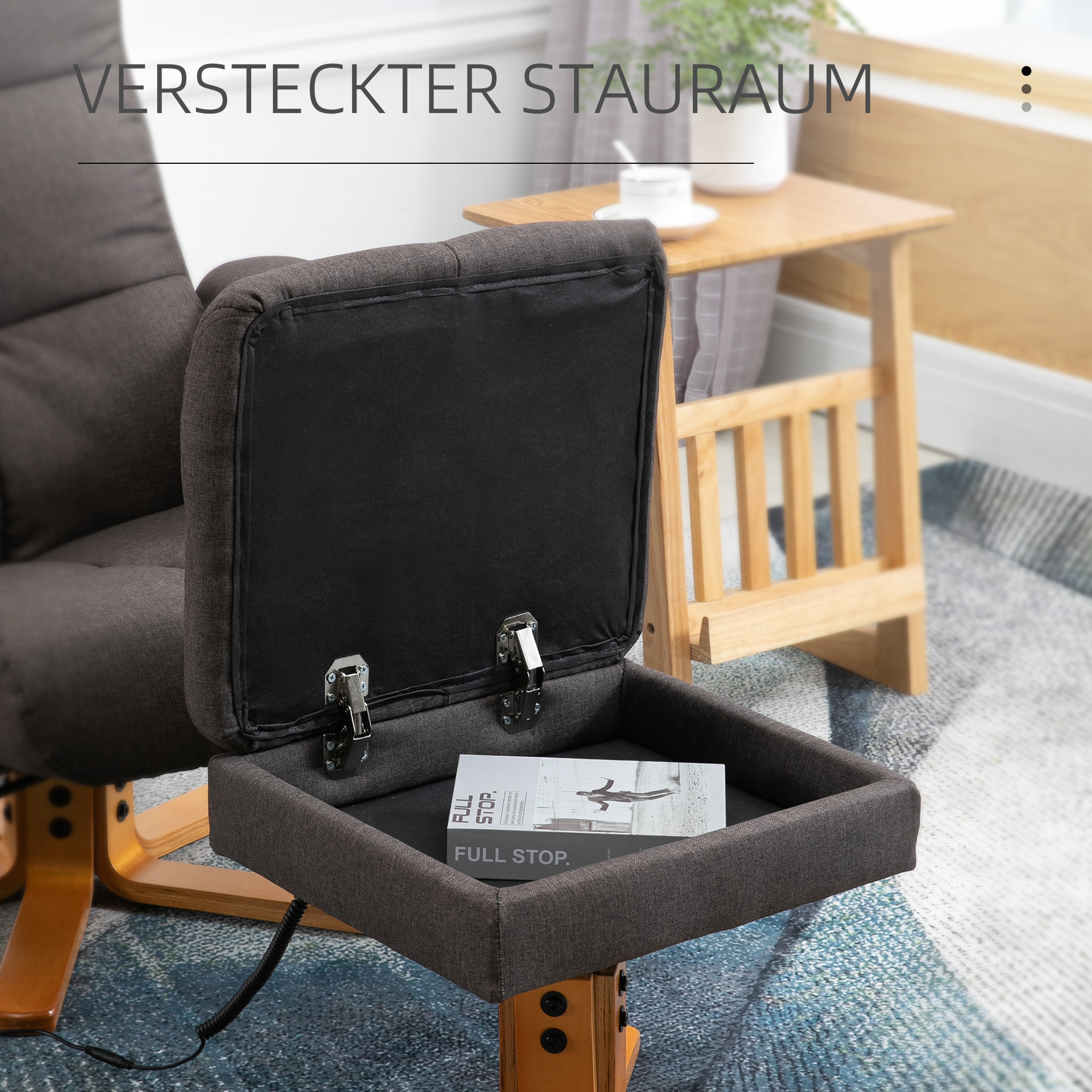 Relaxsessel mit Fußhocker, Stauraum, Elektrischer Massagesessel mit Liegefunktion, Drehbarer Fernsehsessel mit Seitentasche, Fernbedienung, Holzrahmen, Polyester, Braun