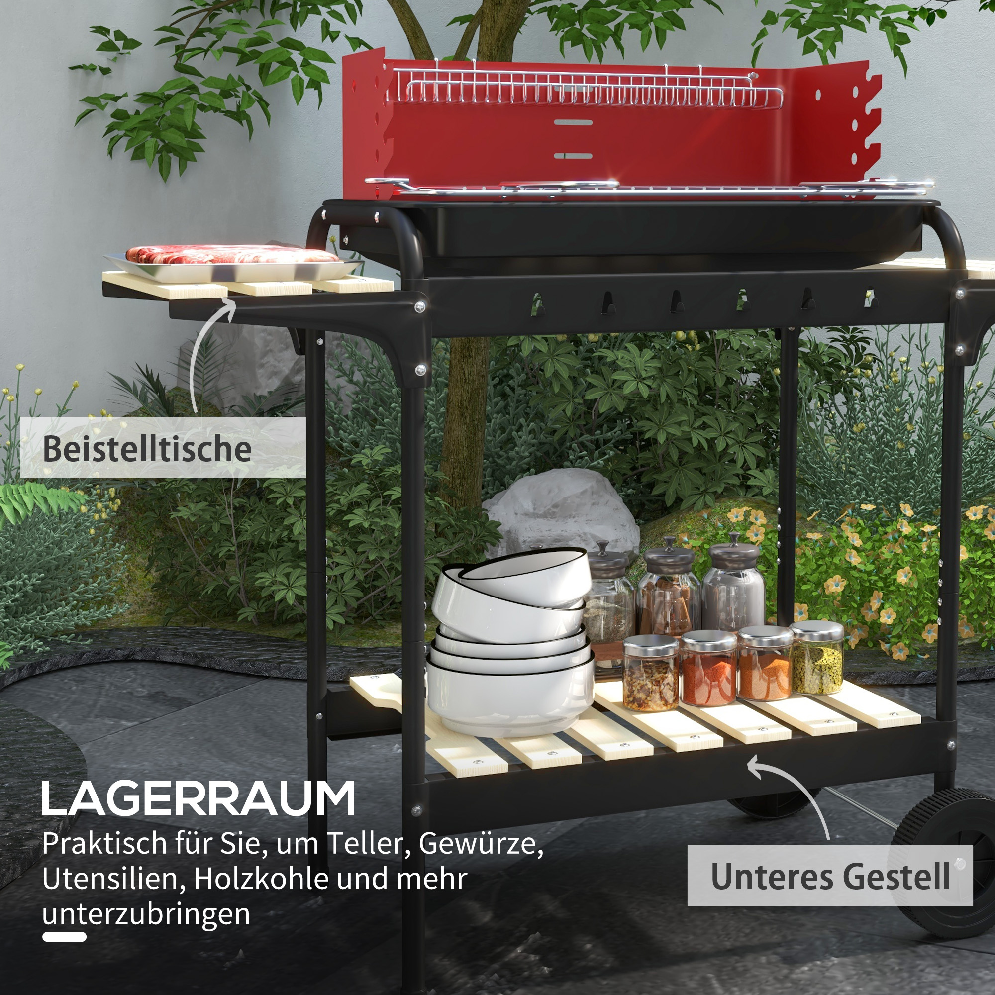 Holzkohlegrill aus Metall BBQ Smoker mit Räder, höheverstellbar Grillrost, Holzablage 103x47x95 cm Rot