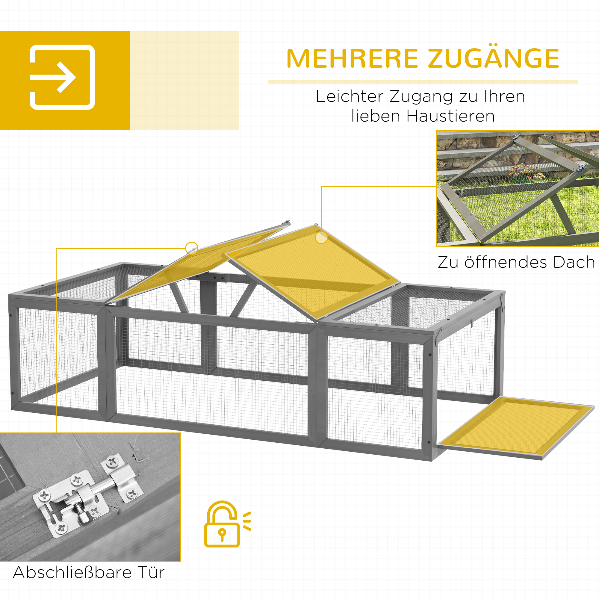 Freilaufgehege für Kleintiere Aufklappbares Dach Tannenholz Grau