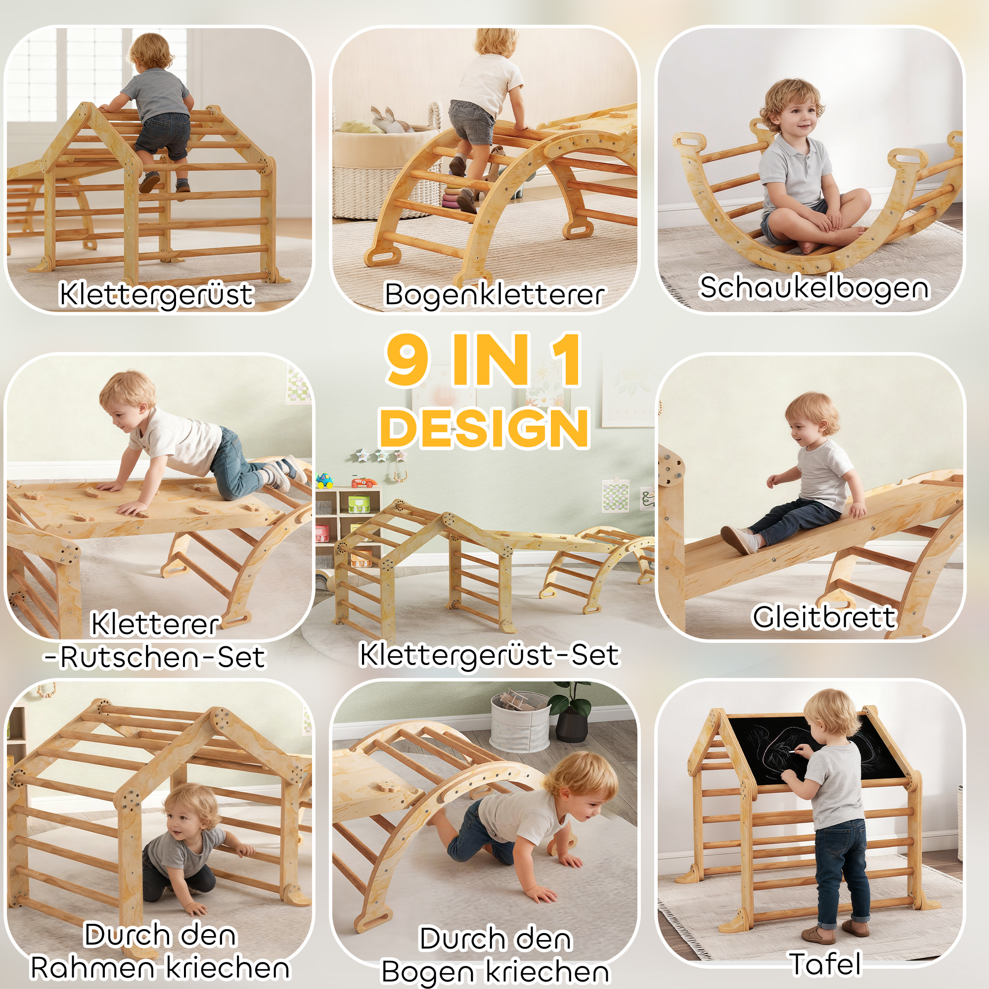 9-in-1 Indoor-Klettergerüst, Rampe, Rutsche, Leiter, Schreibtafel, für Kleinkinder, Holz