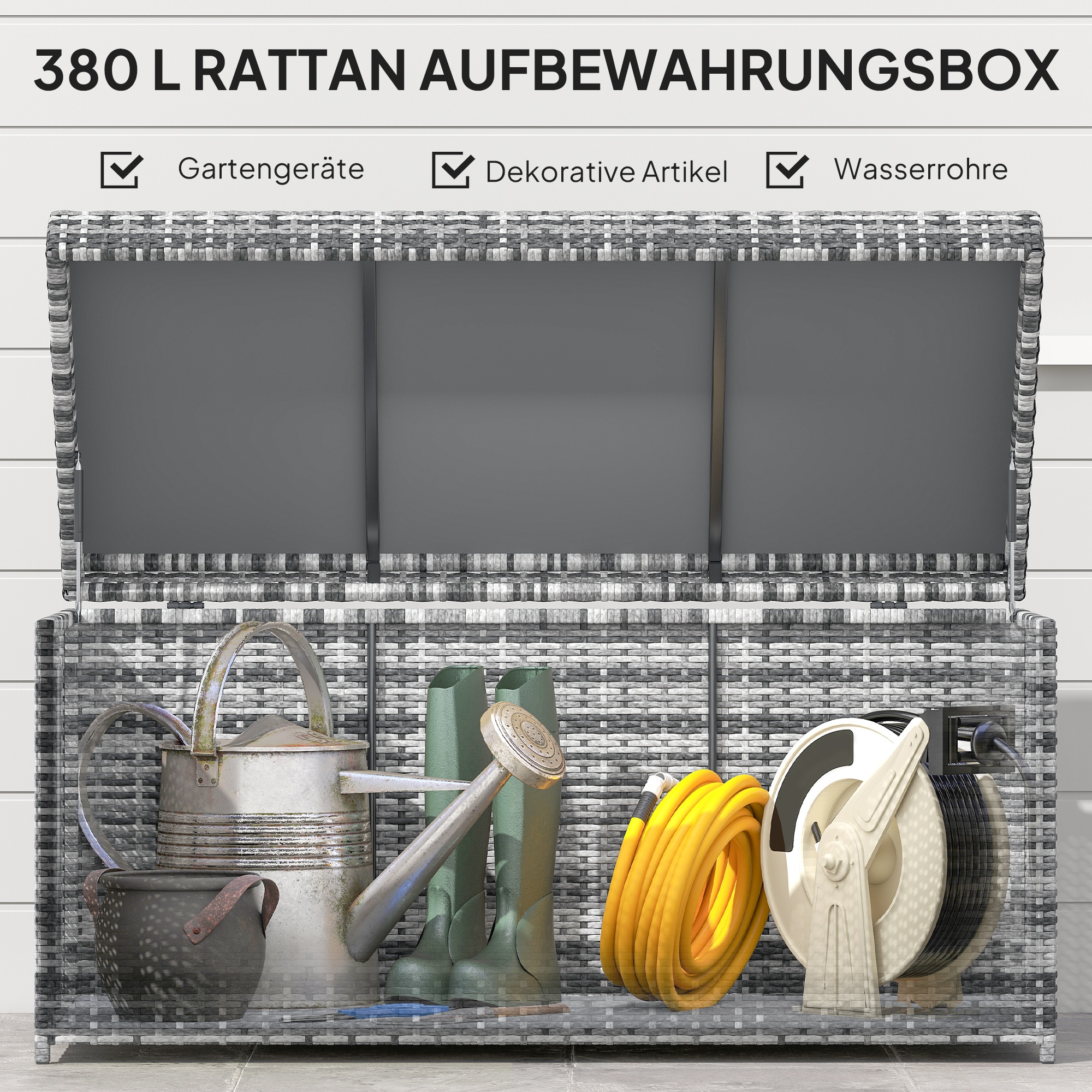 Rattan Auflagenbox 380L wetterfest Kissenbox mit Deckel Stauraum UV-beständig 130 x 61 x 65 cm Dunkelgrau