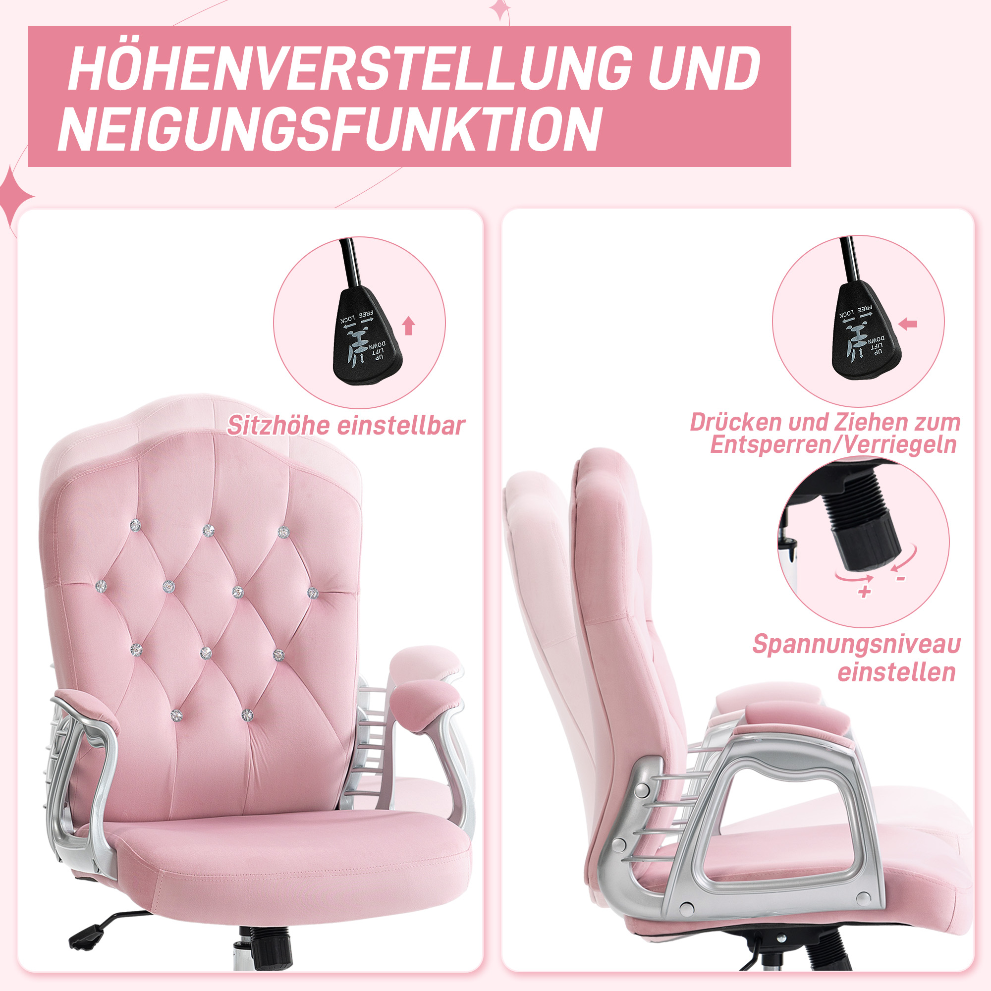 Bürostuhl, neigbare Lehne, höhenverstellbar, Samtoptik, bis 120 kg, Rosa