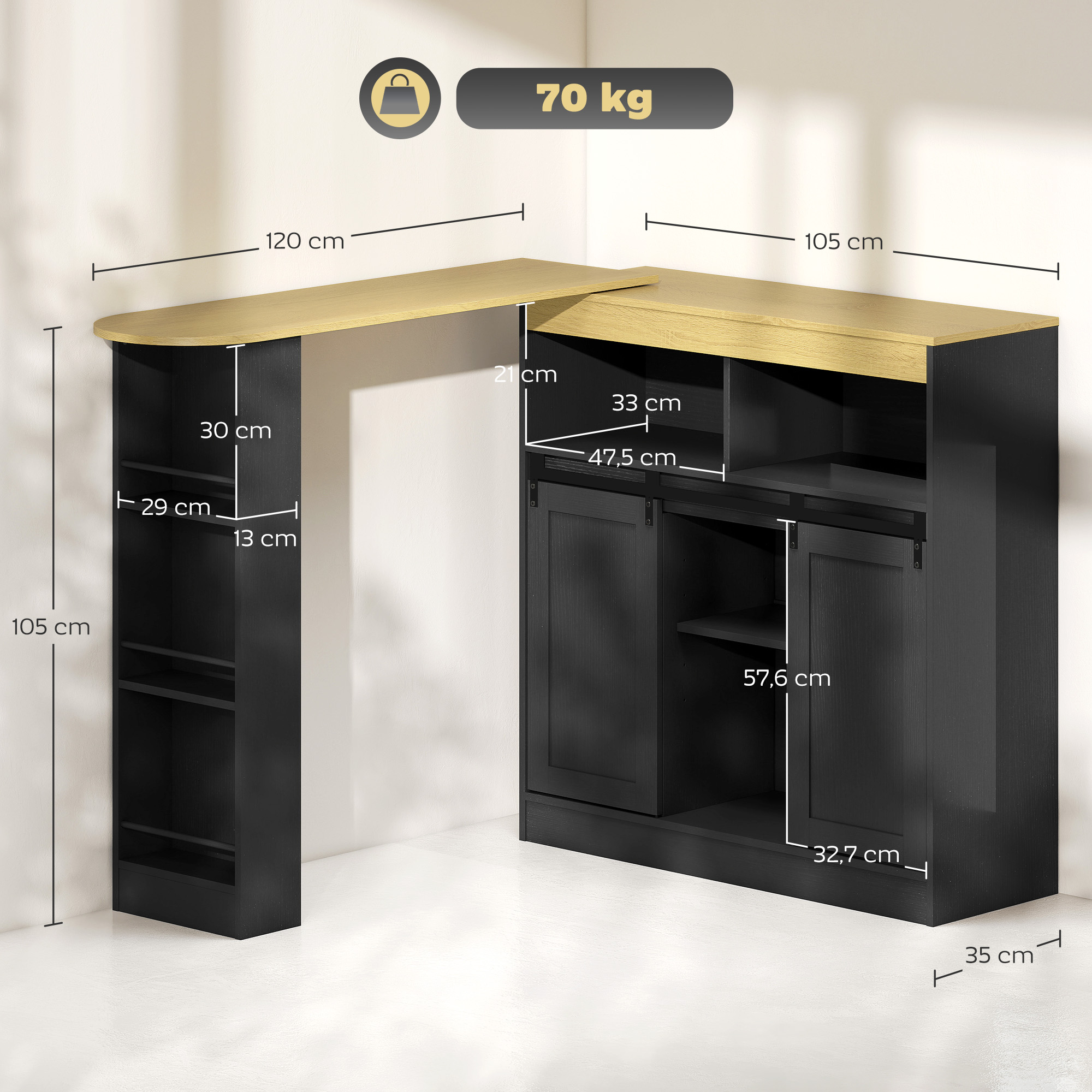 Ausziehbarer Bartisch, zu L-Form umwandelbar, viel Stauraum, 3 verstellbare Regale, Spanplatte, MDF, Schwarz