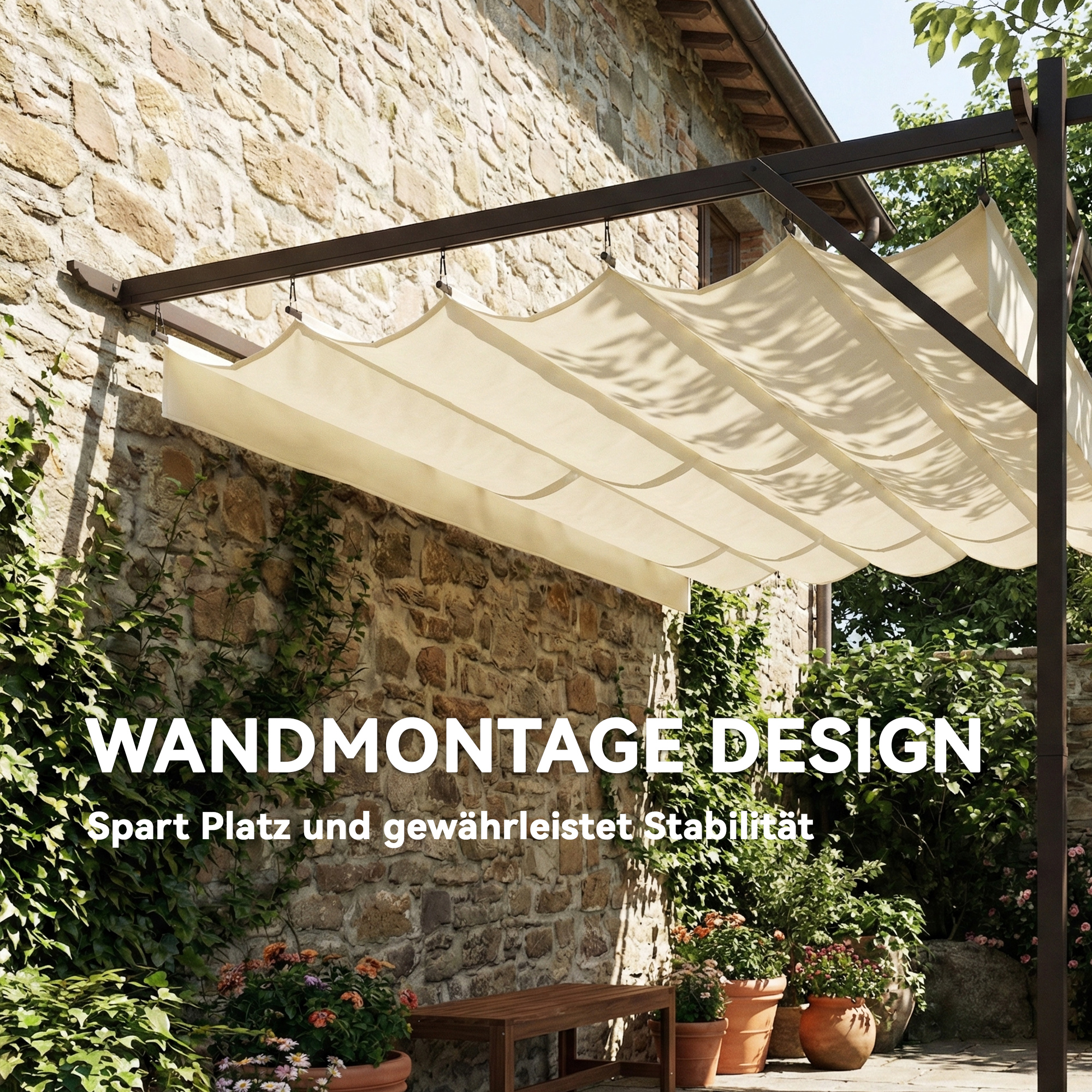 Terrassendach Pergola ca, 4x3m Terrassenüberdachung mit Verstellbares Dach, Wandmontage UV 30+ Cremeweiß
