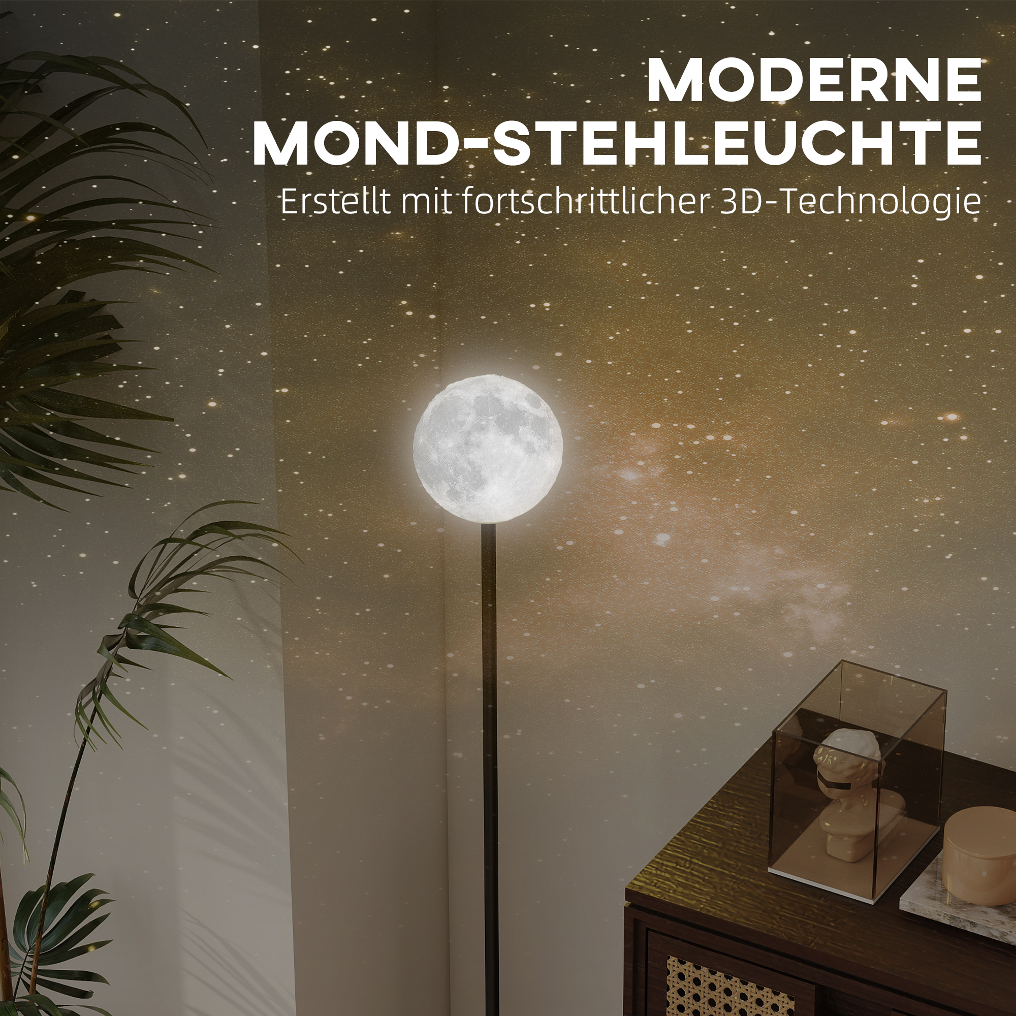 Stehlampe mit Schirm in Mondoptik, Fußschalter, 3 Farbtemperaturen, Metall, Schwarz