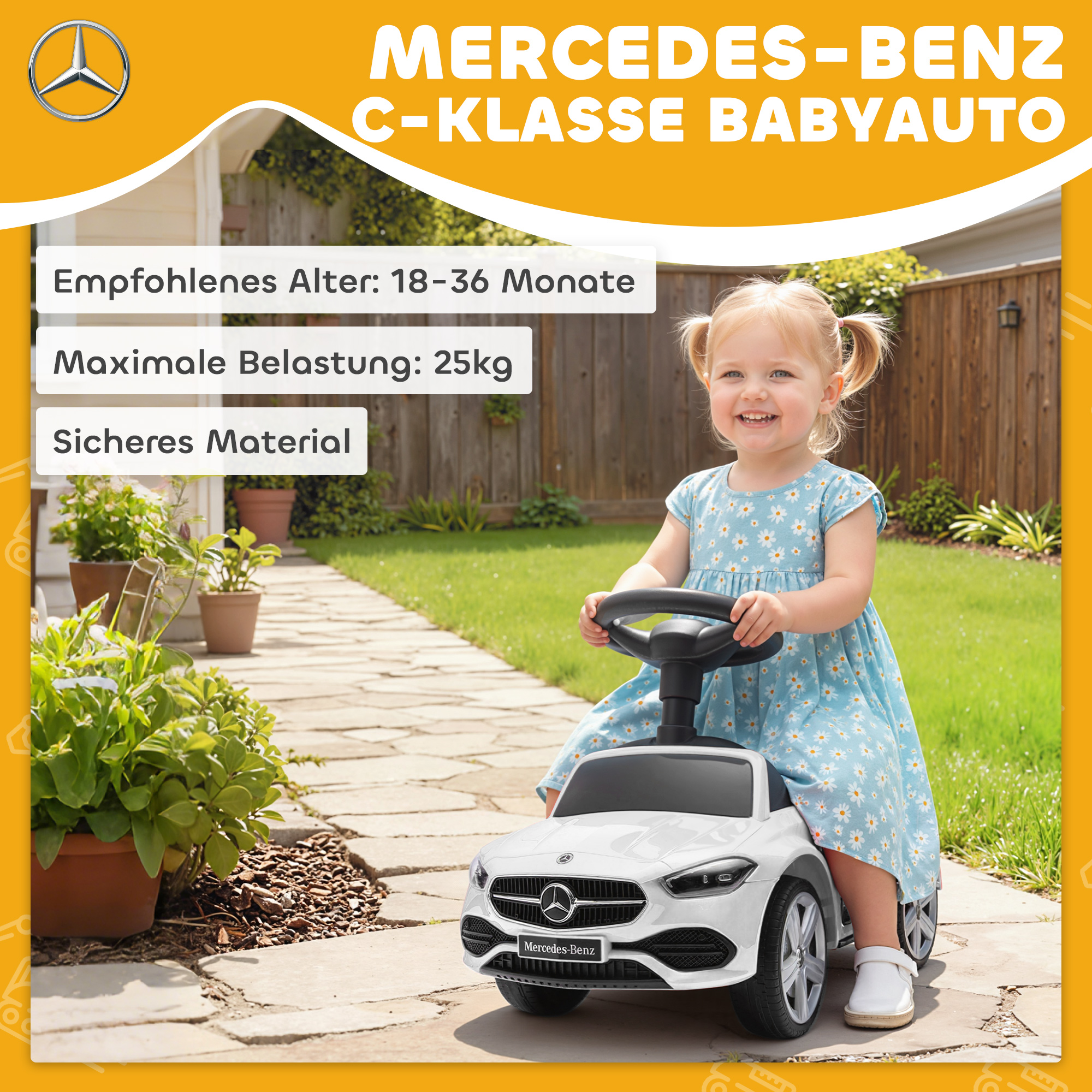 Rutscher Mercedes-Benz C-Class mit Hupe, Motorgeräuschen, Stauraum, für Kinder 18-36 Monate, Weiß