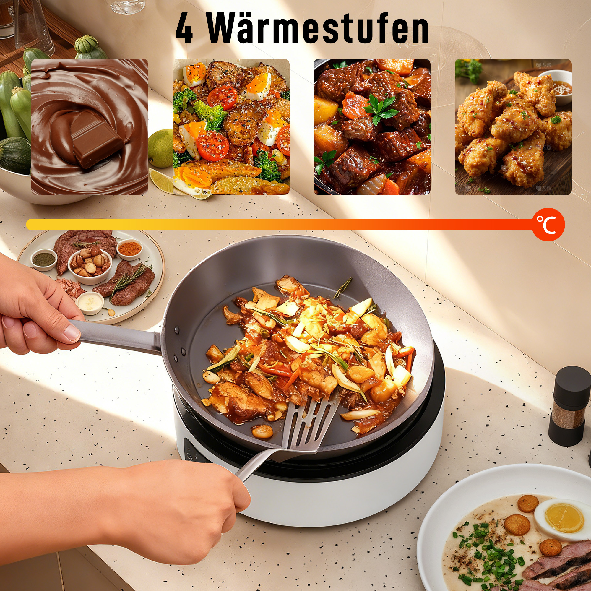 Dual-Keramikkochfeld, 2-in-1 Design, zum Kochen und Grillen, 2000W, 4 Hitzestufen, LED-Display, Fettfangschale, Weiß