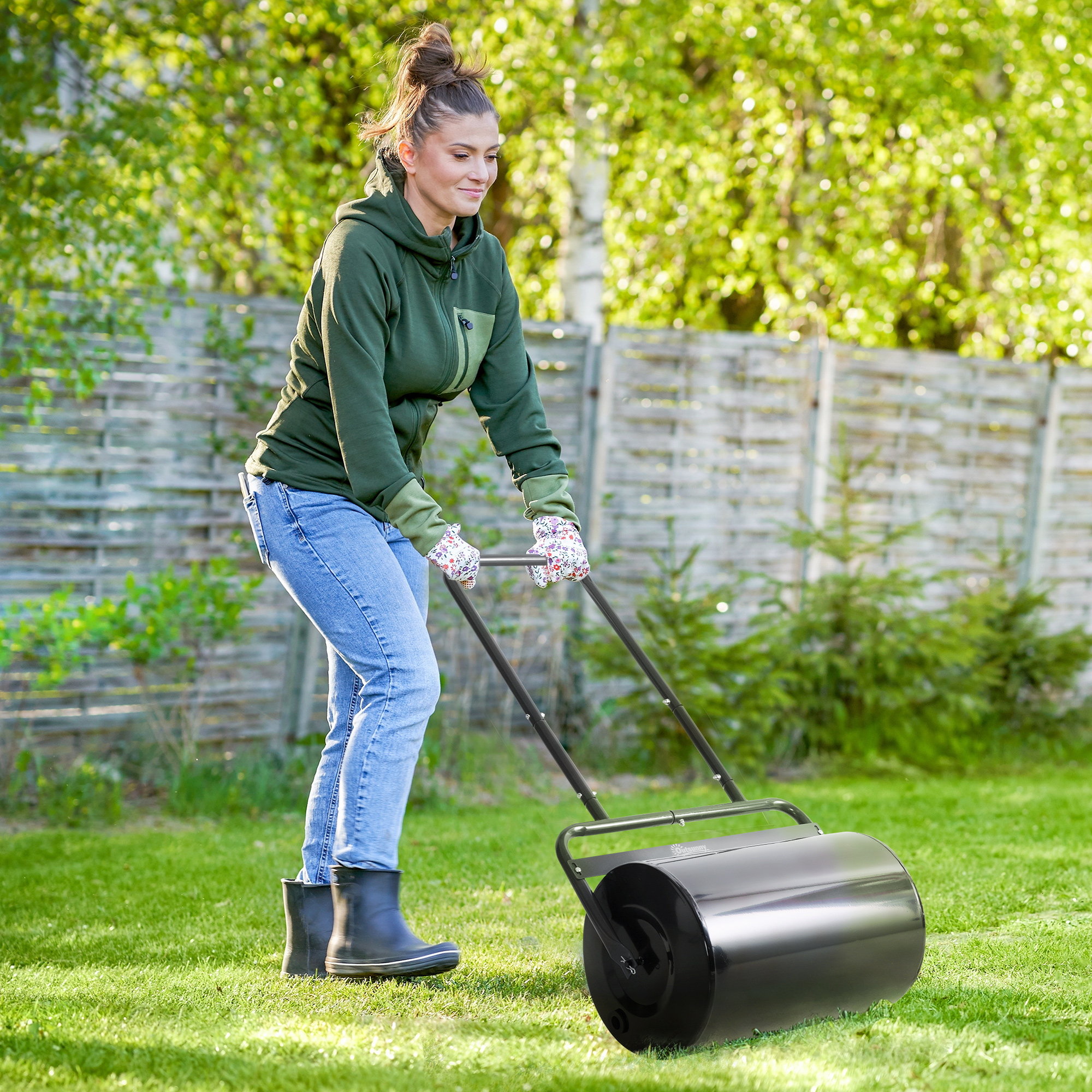 Rasenwalze mit U-Griff, Gartenwalze, Gartenrolle, 32 cm Durchmesser, 38 L Wasser-/62 kg Sand, Metall, Schwarz, 58 x 32,5 x 113 cm