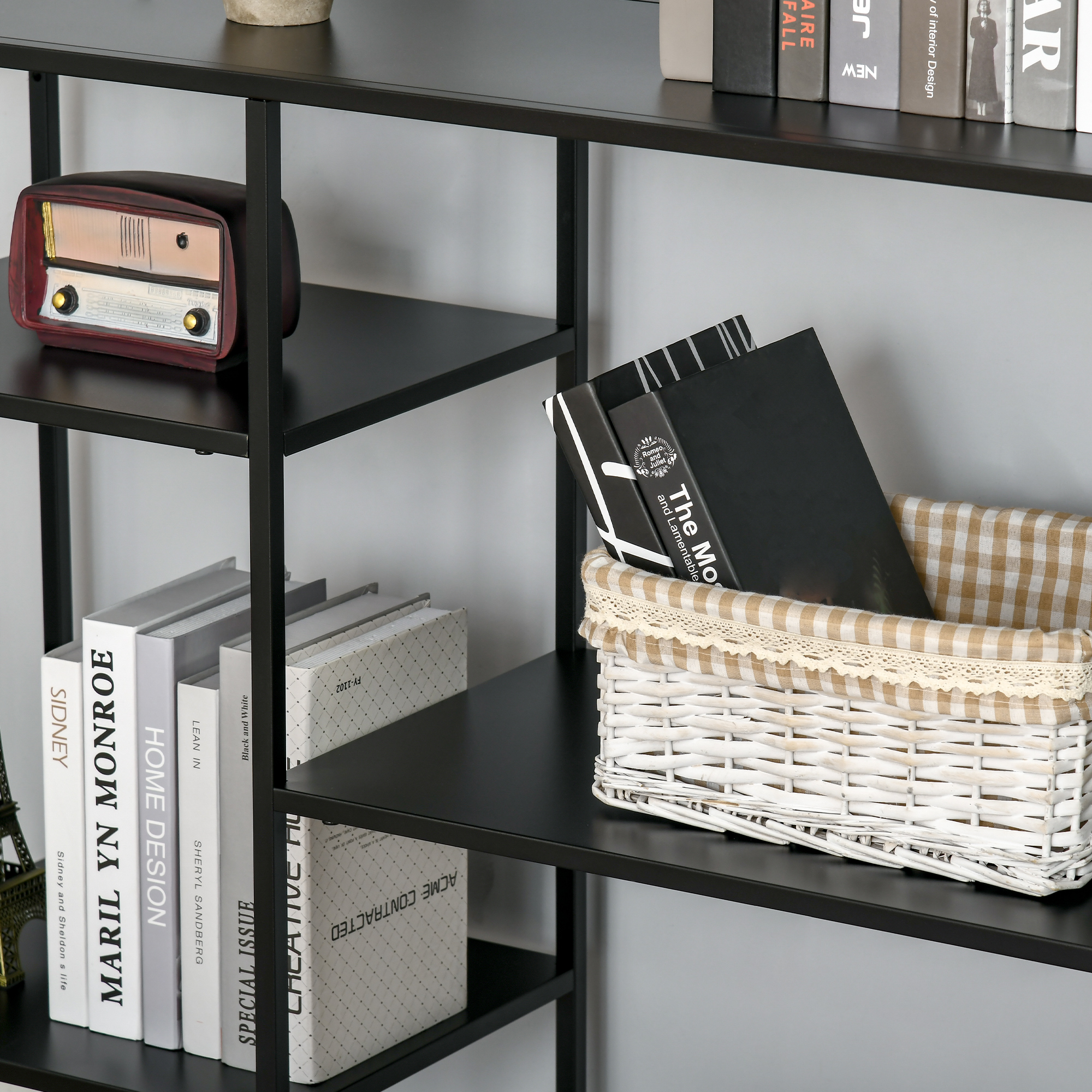 Standregal Bücherregal mit 5 offenen Fächern, Aufbewahrungsregal mit Metallrahmen, Würfelregal für Küche, Wohnzimmer, Schwarz, 120 x 35 x 87,5 cm