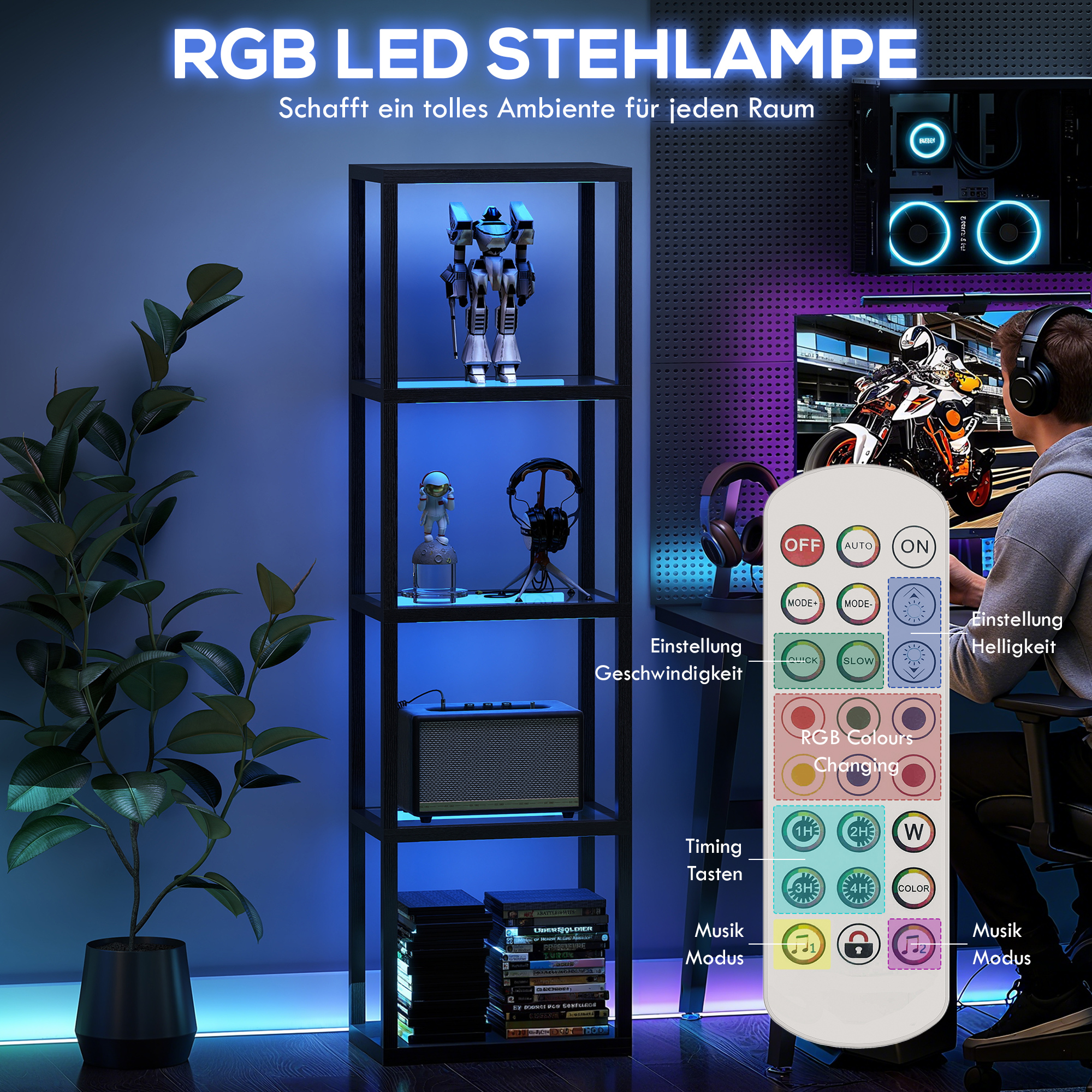 RGB Stehlampe mit Glasregalen, 4-Ebenen-LED-Stehleuchte mit Fernbedienung, Musiksynchronisation, Schwarz