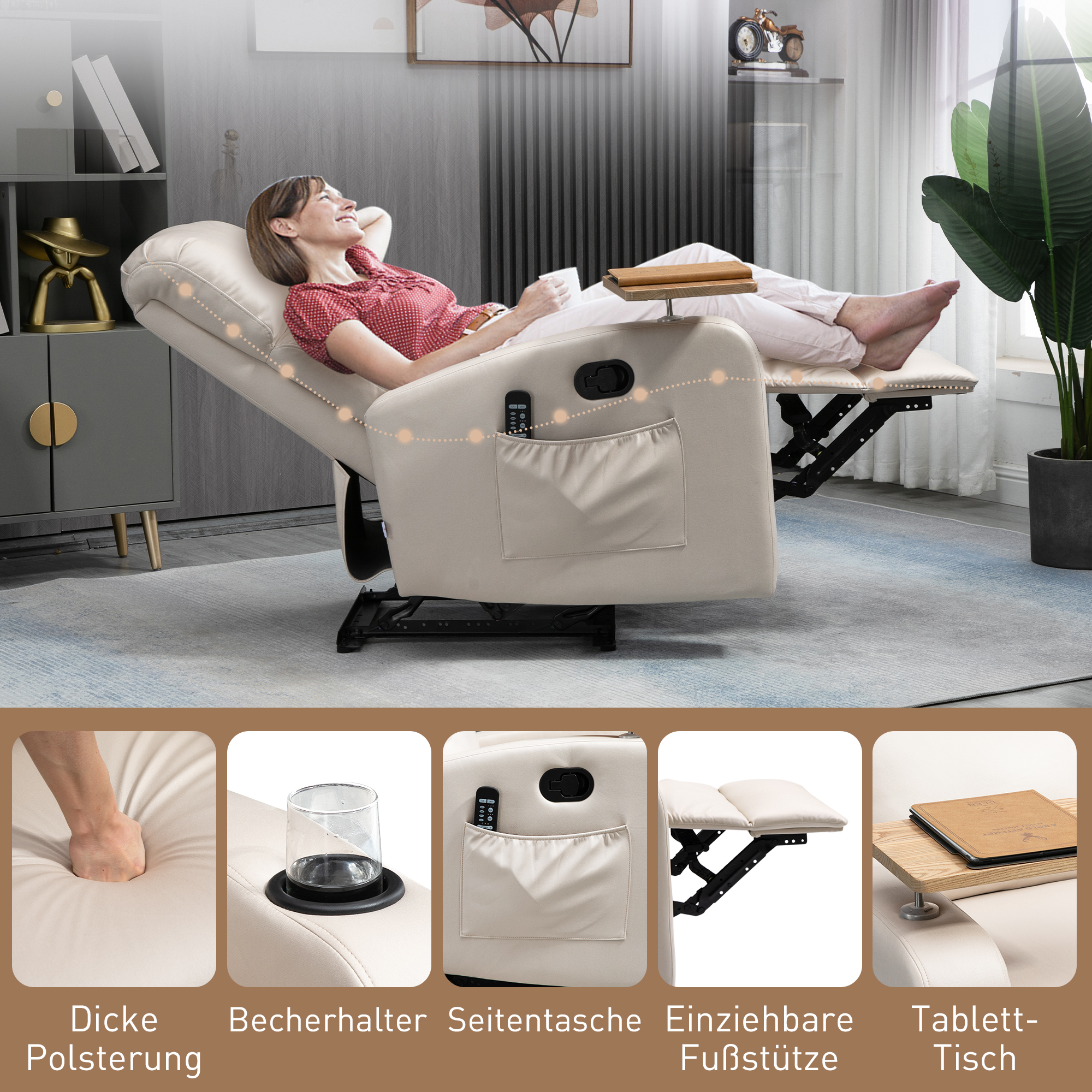 Massagesessel Relaxsessel Liegesessel, 1 Klapptisch, 1 Fußstütze; 77 cm x 93 cm x 105 cm, Beige