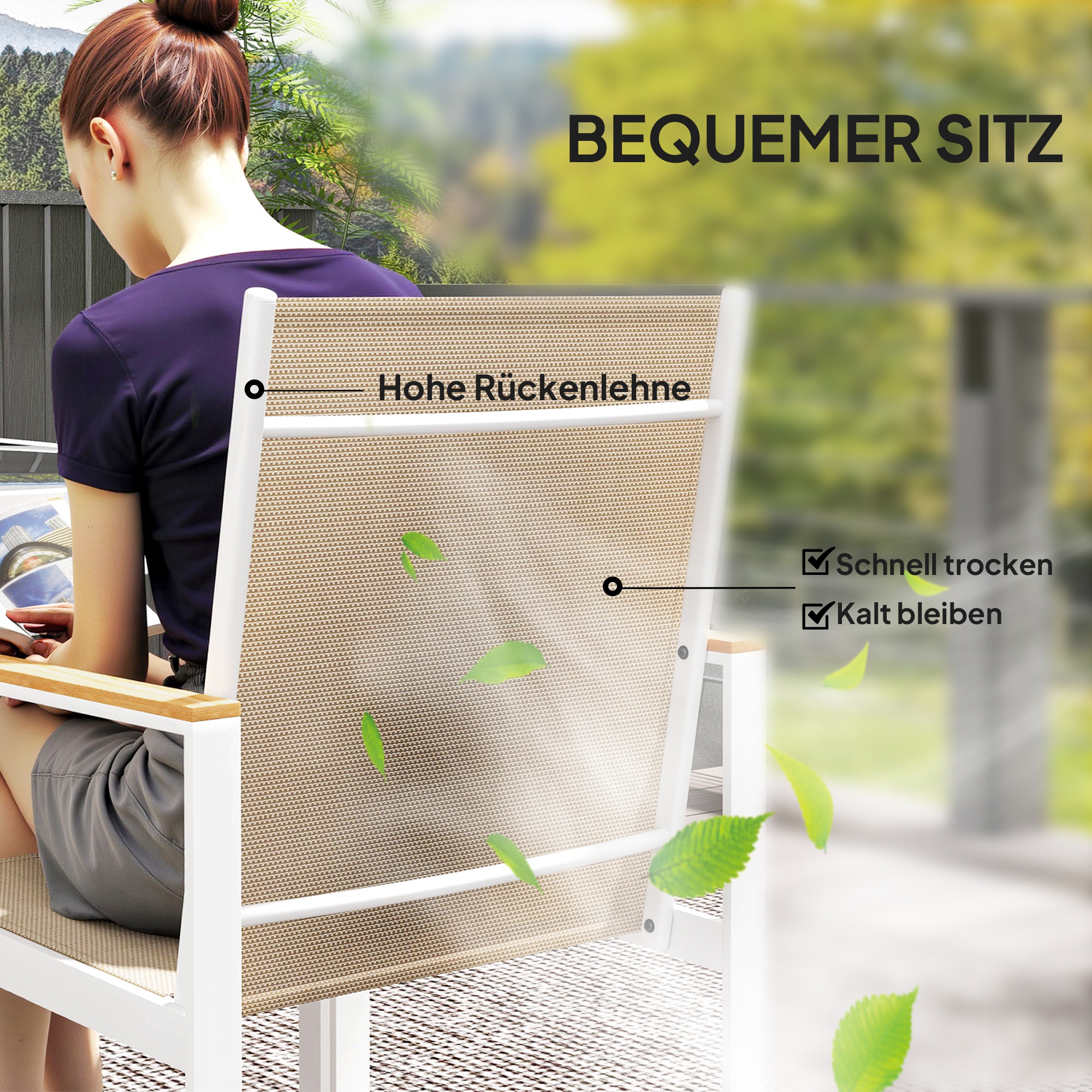 5-teiliges Ess-Set, Outdoor-Tisch aus Hartglas, 4 Stühle, wetterbeständig, Stahlrahmen, Terrassenmöbel, Mehrfarbig