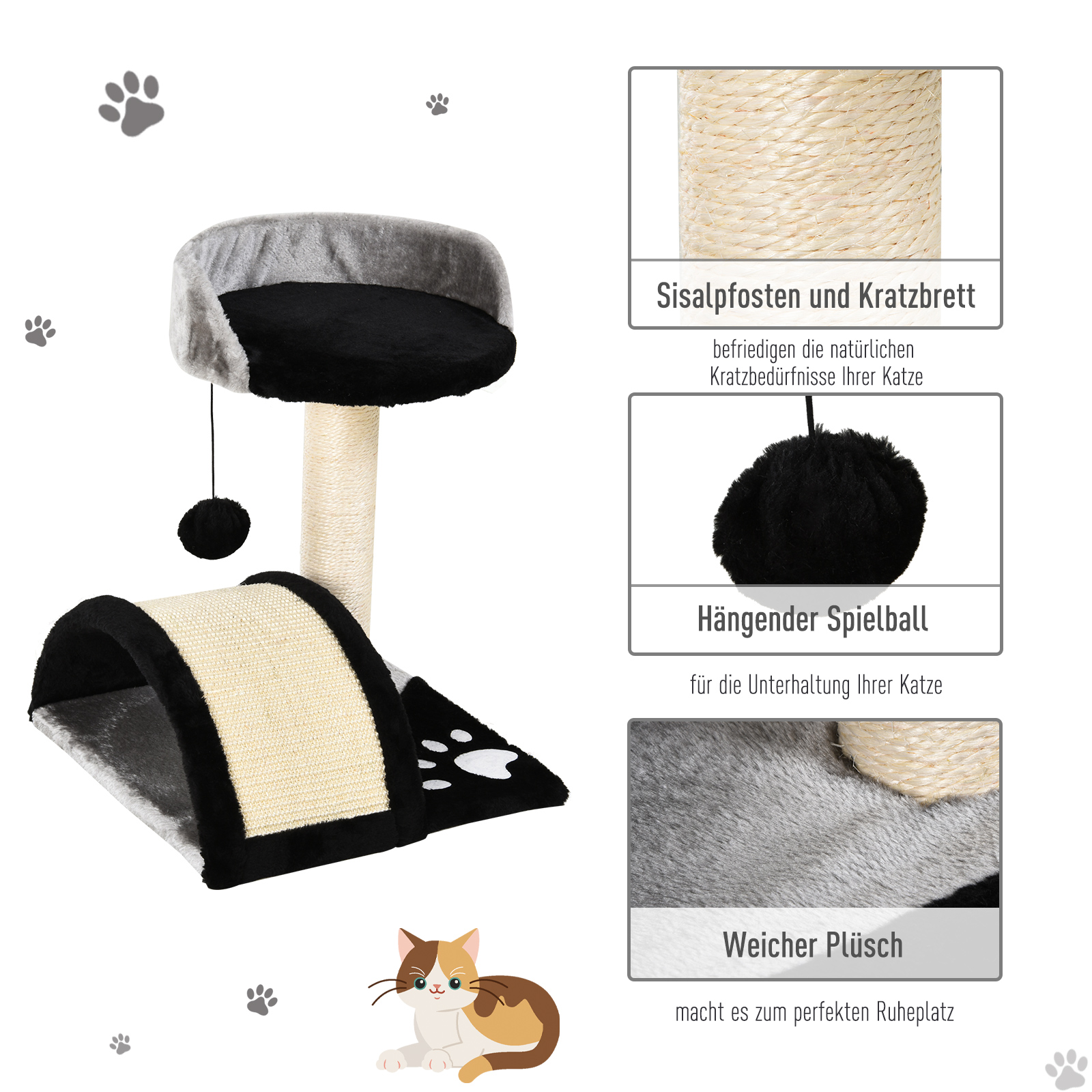 Kratzbaum Katzenbaum mit Spielbällen Katzenkratzbaum Sisalseil-Kratzstangen Schwarz 35,5 x 37 x 46 cm