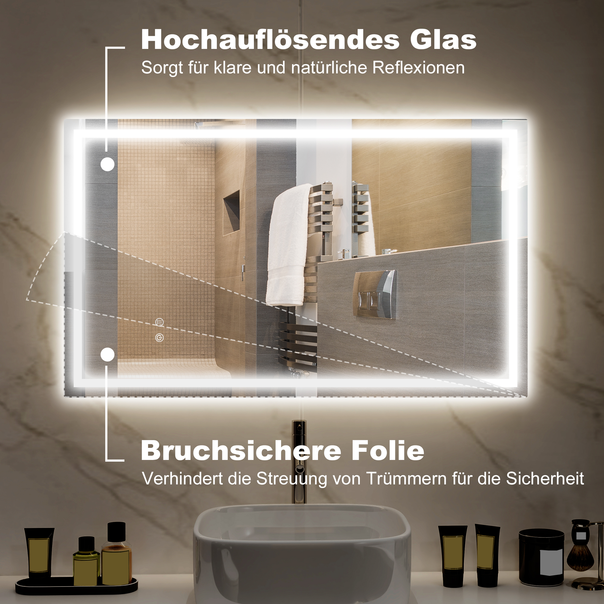 LED-Badezimmerspiegel, einstellbare Helligkeit, Antibeschlag-Funktion, wasserfest