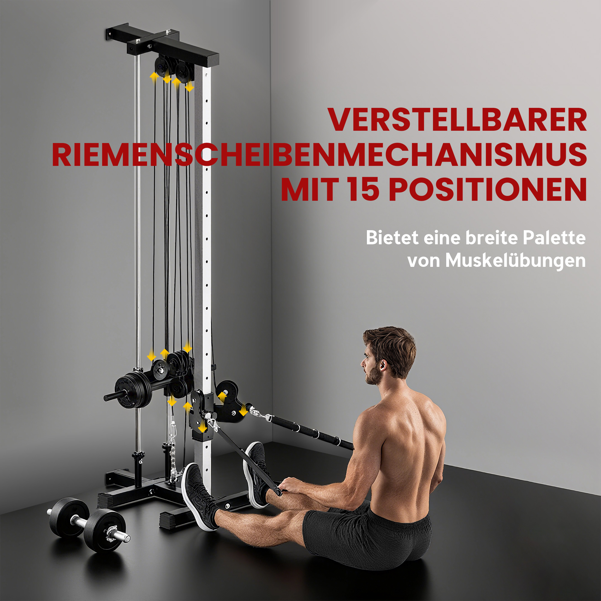Kraftstation höhenverstellbar 25-165 cm mit Dual-Pulley-Systemen Adaptern 62 x 60 x 200 cm Schwarz
