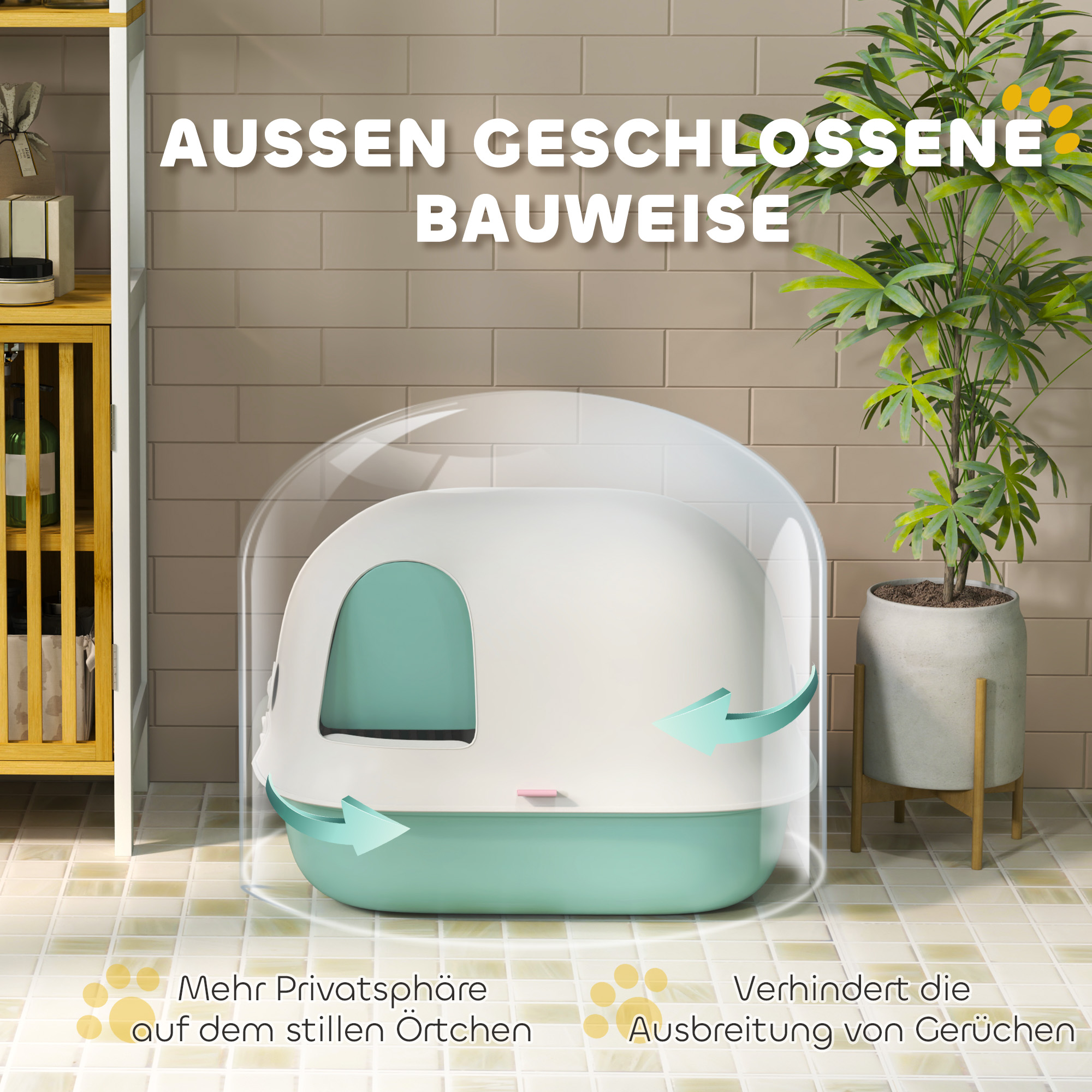 Katzentoilette mit Deckel, Katzenklo mit internem Kanal, Tür, Schaufel, leicht zu reinigen, Kunststoff, Grün