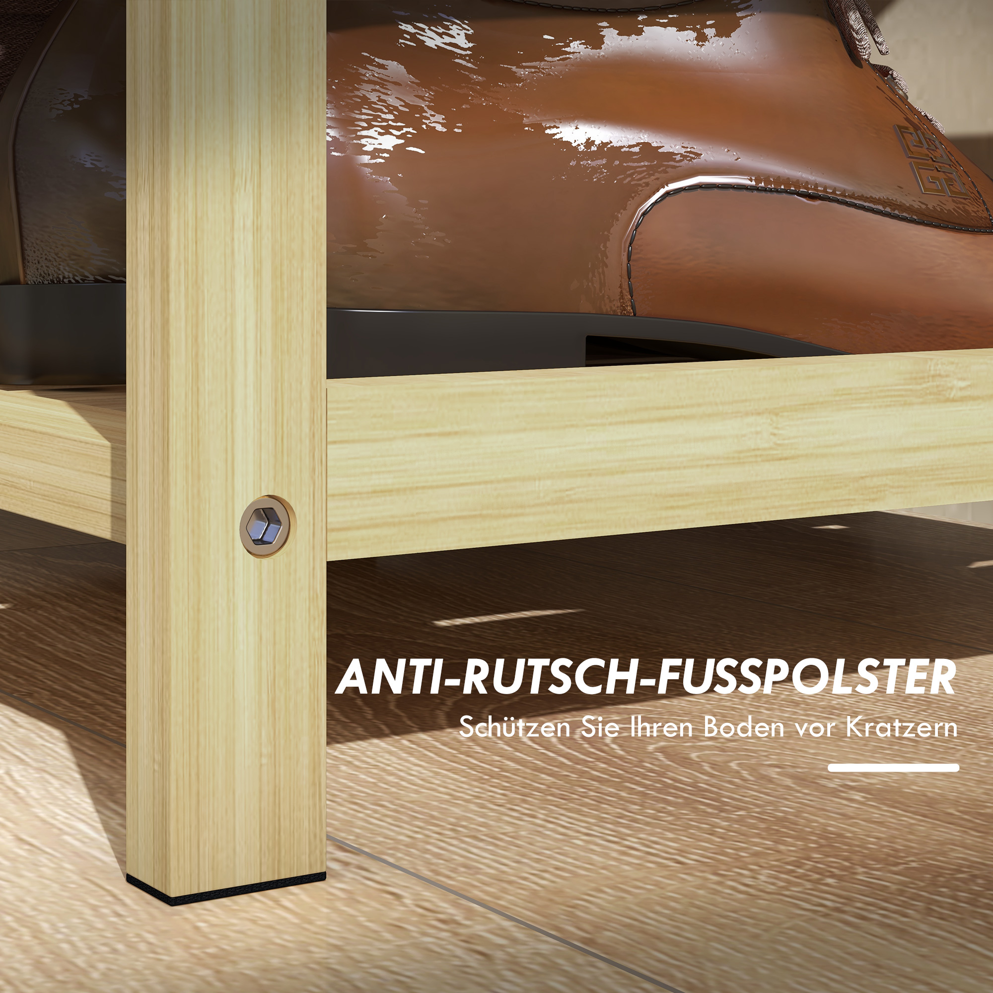 Schubank Schuhregal, 2 Ablagen, Sitzpolster, Bambus, 55 cm x 35 cm x 46 cm, Grau + Natur