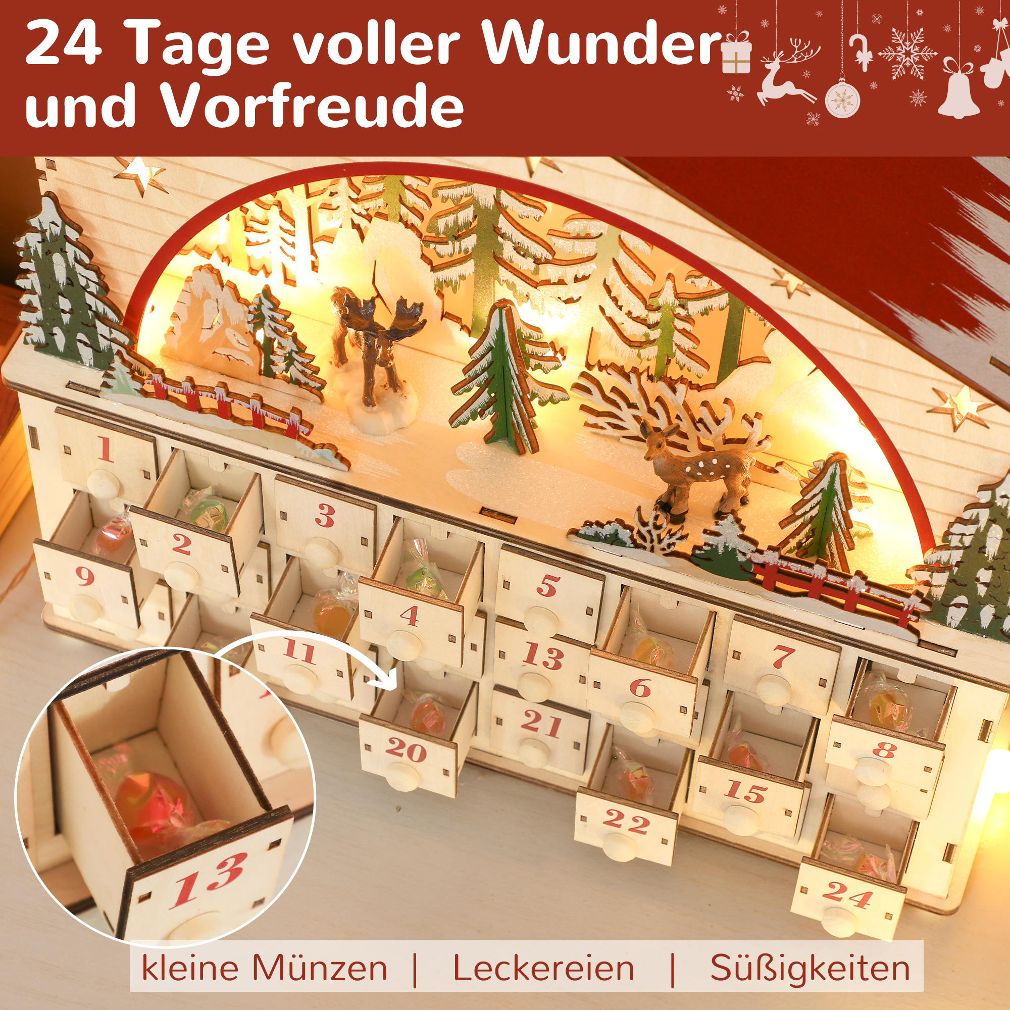 Adventskalender zum Befüllen 24 Schubladen Fächer Weihnachtskalender mit LED-Lichtern Naturholz 36 x 10 x 34 cm