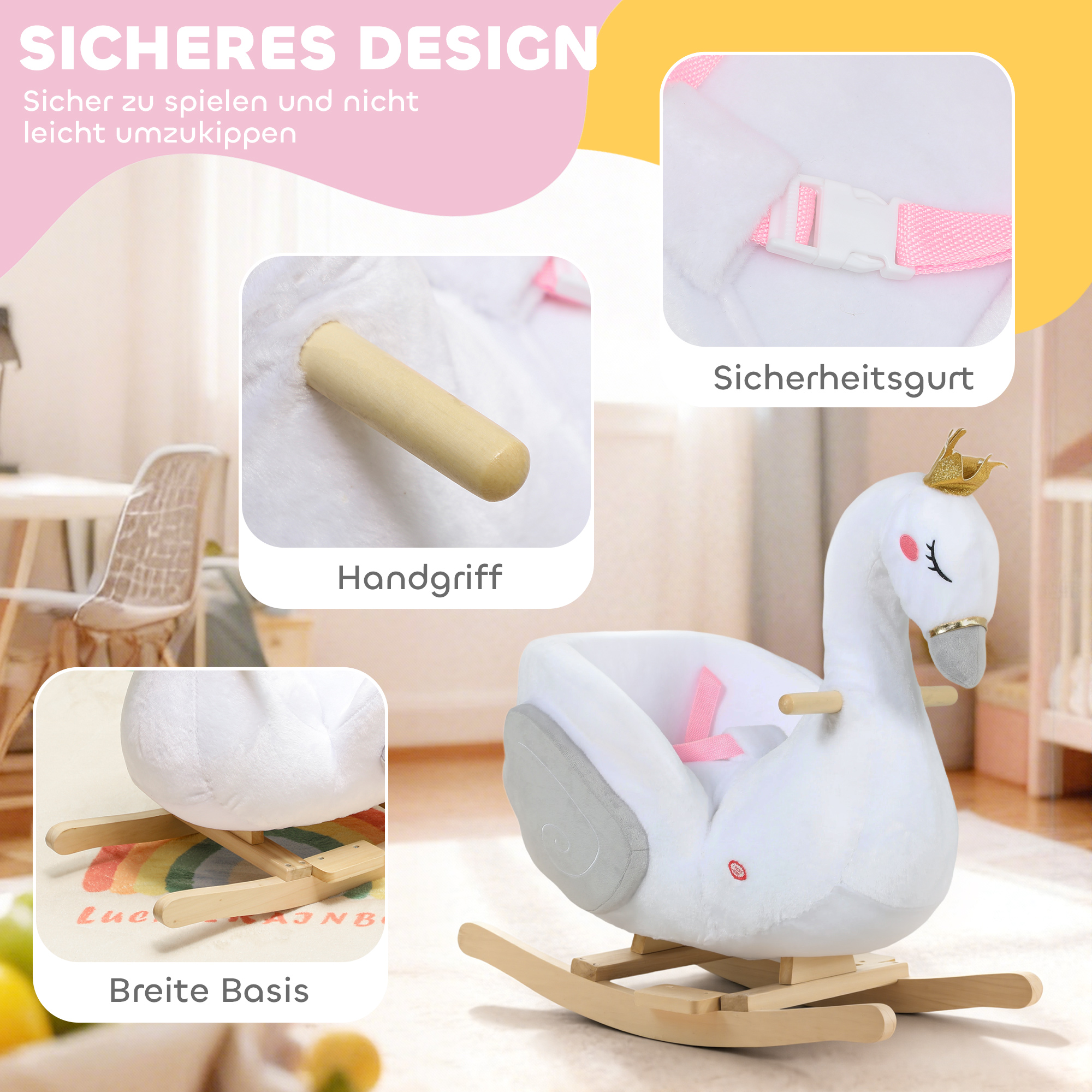 Schaukeltier, Schwan-Schaukel mit Schlaflied, weicher Füllung, Holzrahmen, für Kinder 1,5-3 Jahre, 65x40x68 cm, Weiß