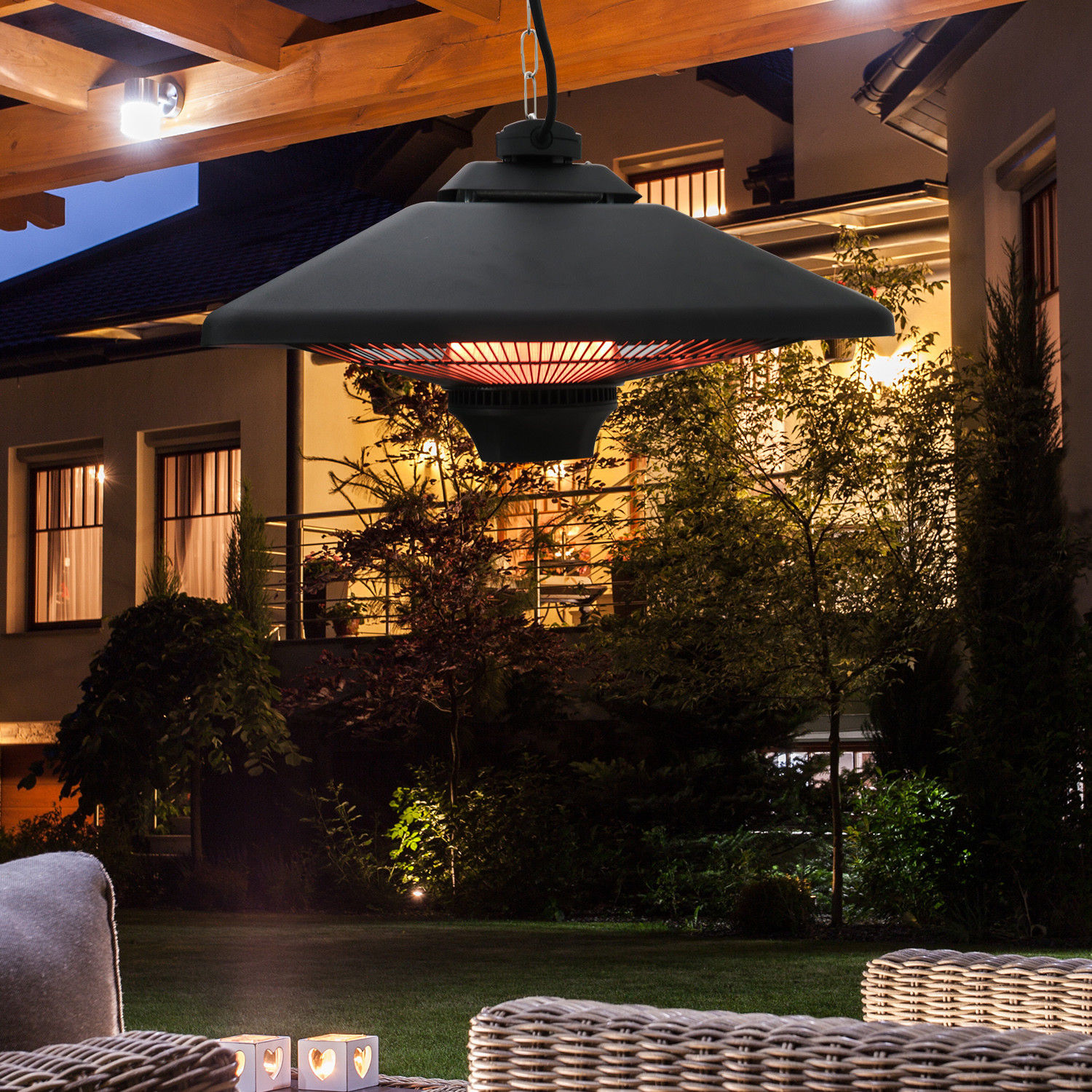 Infrarotstrahler 2000 Watt Heizstrahler mit Fernbedienung 2 Heizstufen Schutzhülle LED-Anzeige elektrisch Wärmestrahler Quarzstrahler Terrassenheizer Infrarotheizung Schwarz