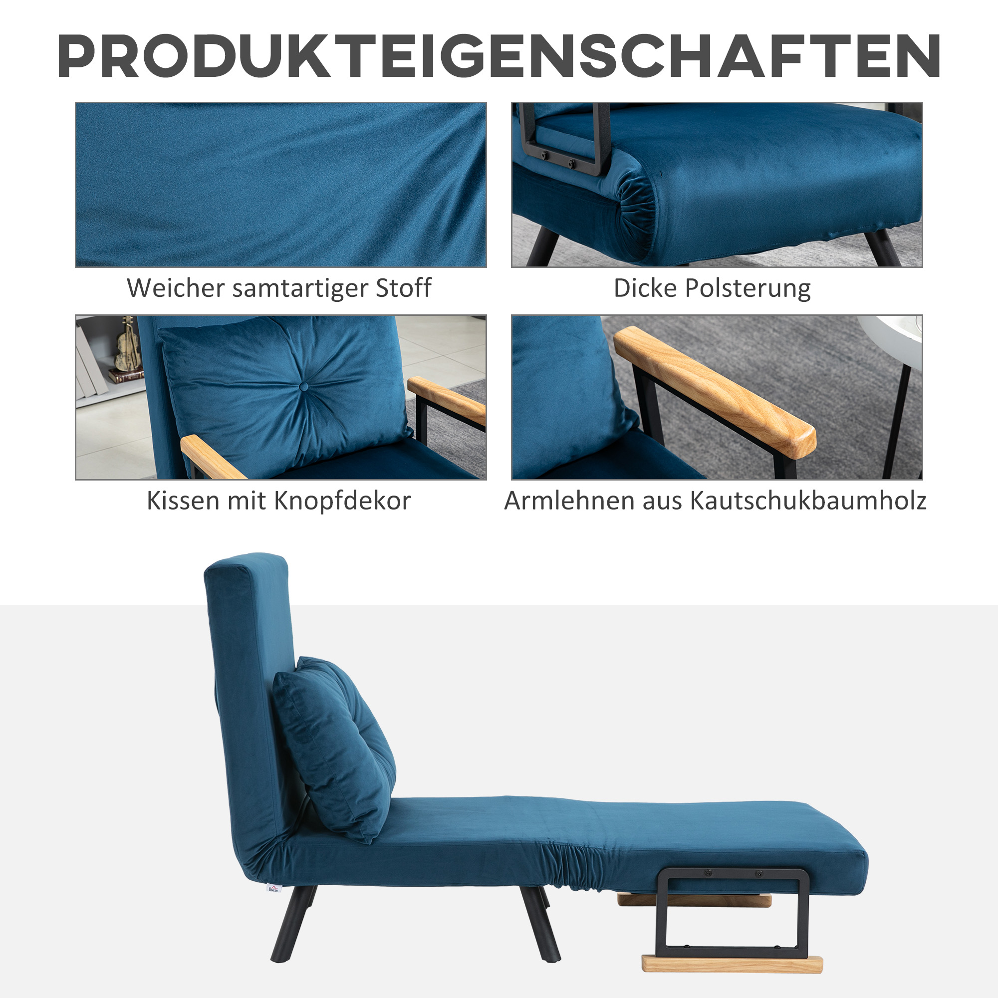 Relaxsessel im Skandidesign, Liegesessel, Lesesessel, ink, Kissen mit Knopfhefung, Schwarz + Natur