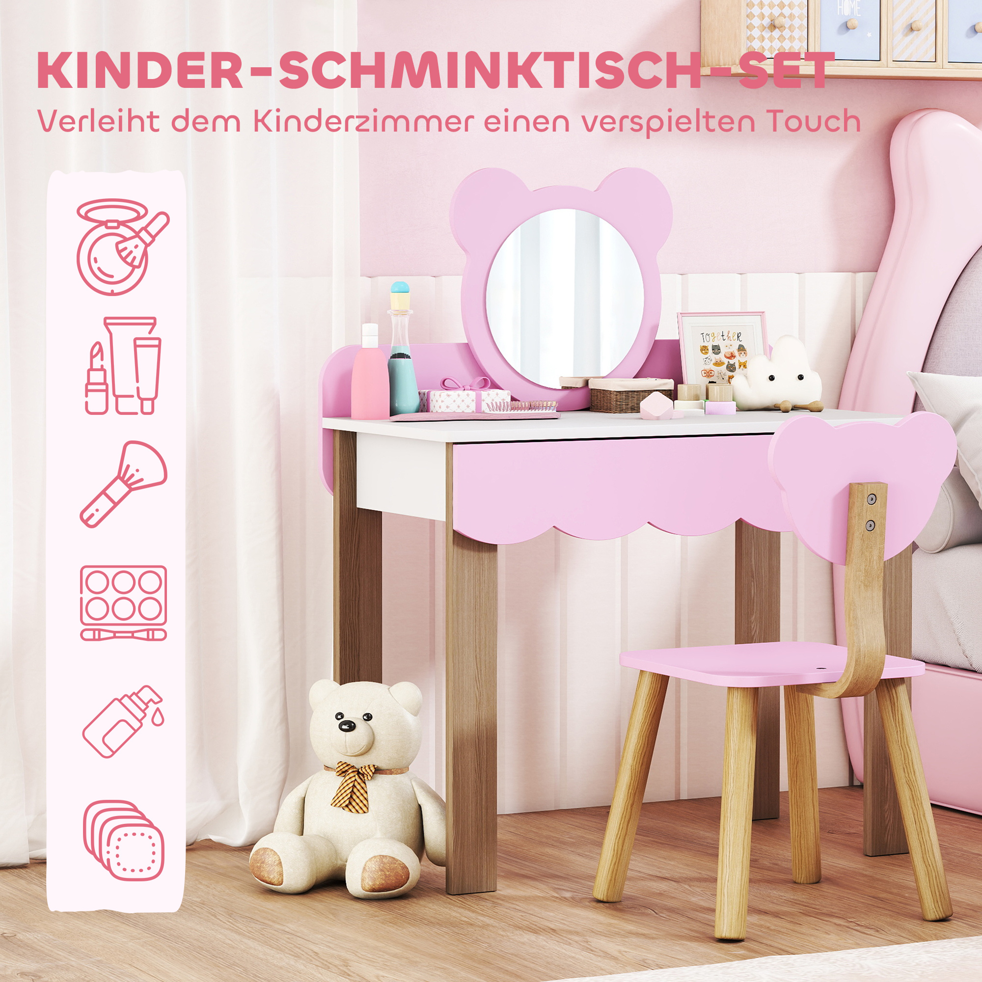 Frisiertisch-Set mit Hocker für Kinder, Schminkspiegel, Bärchenform, Schublade, MDF, Rosa