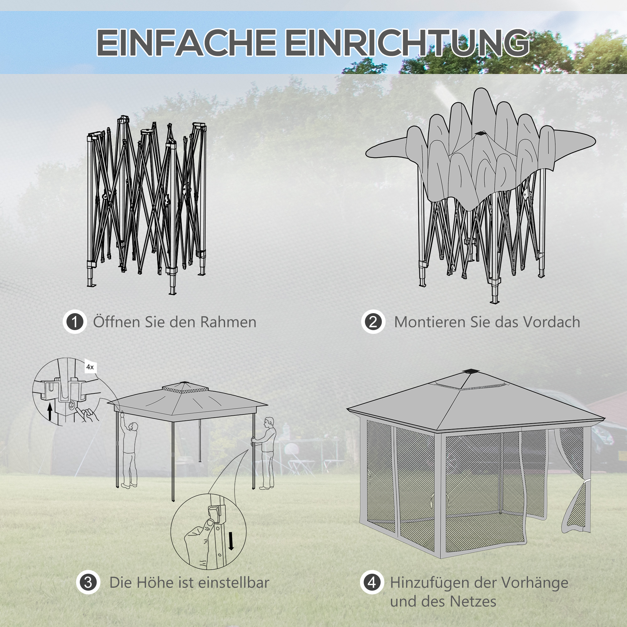 Pavillon 3,3x3,3m Wasserabweisend Pop-up Faltpavillon mit LED, Doppeldach, Moskitonetz 4 Seitenteilen Tasche