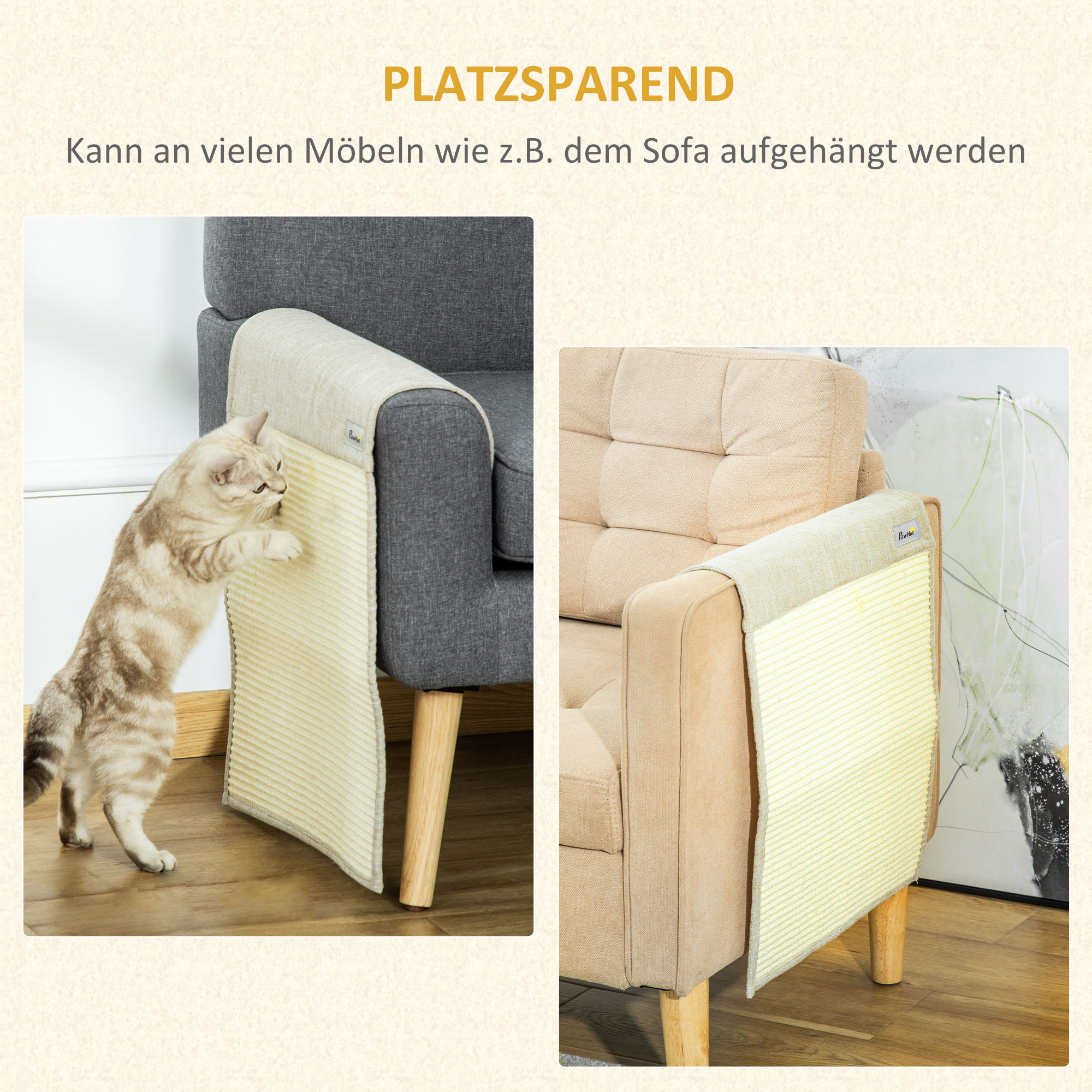2er Kratzmatte Kratzschutz Sofa Sisal Kratzteppich für Katze Sessel Couch Katzenkratzmatte Beige+Grau 130 x 45 x 0,3 cm