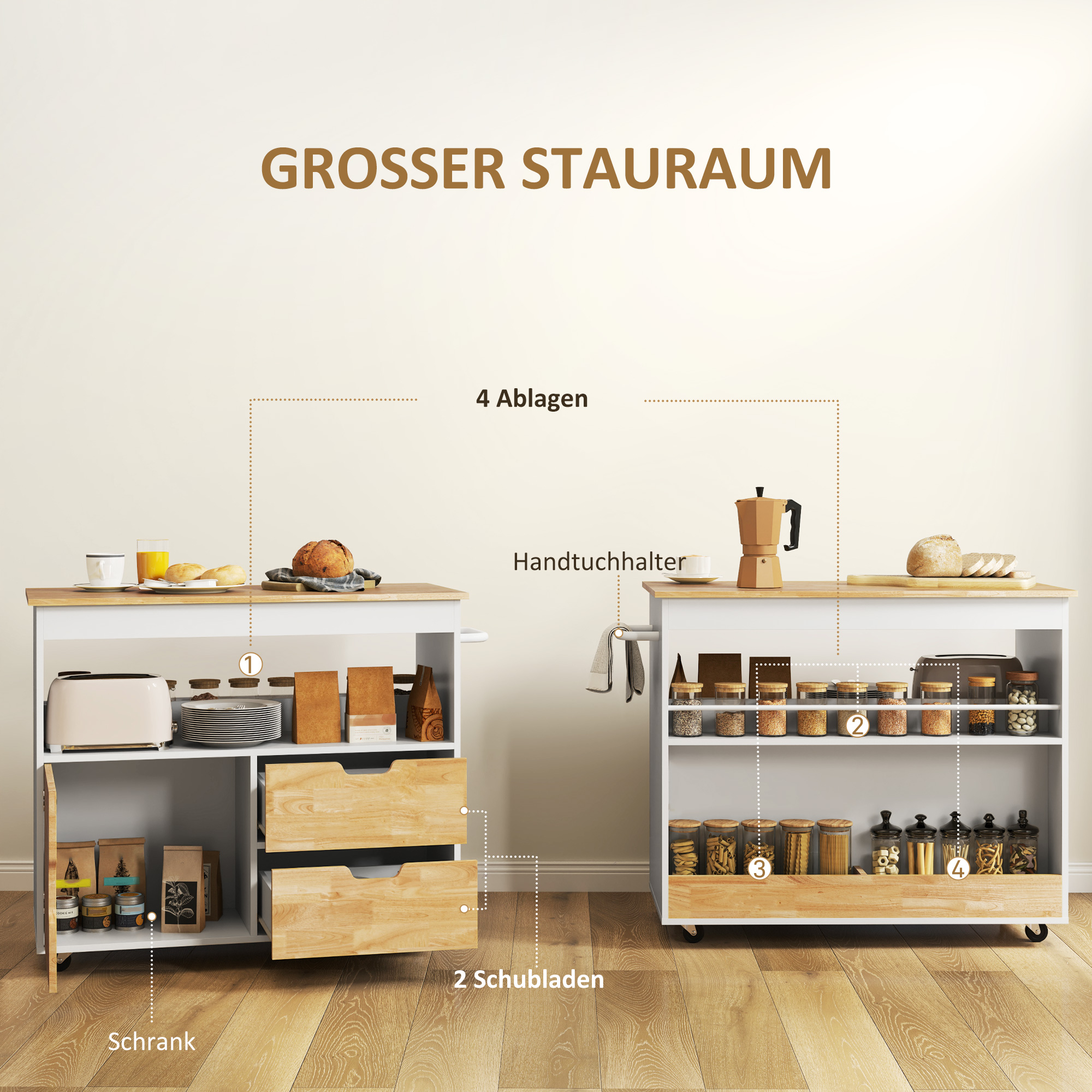 Küchenwagen, Rollbare Kücheninsel, Küchen-Trolley mit Fächern, Schrank und Arbeitsfläche, Weiß