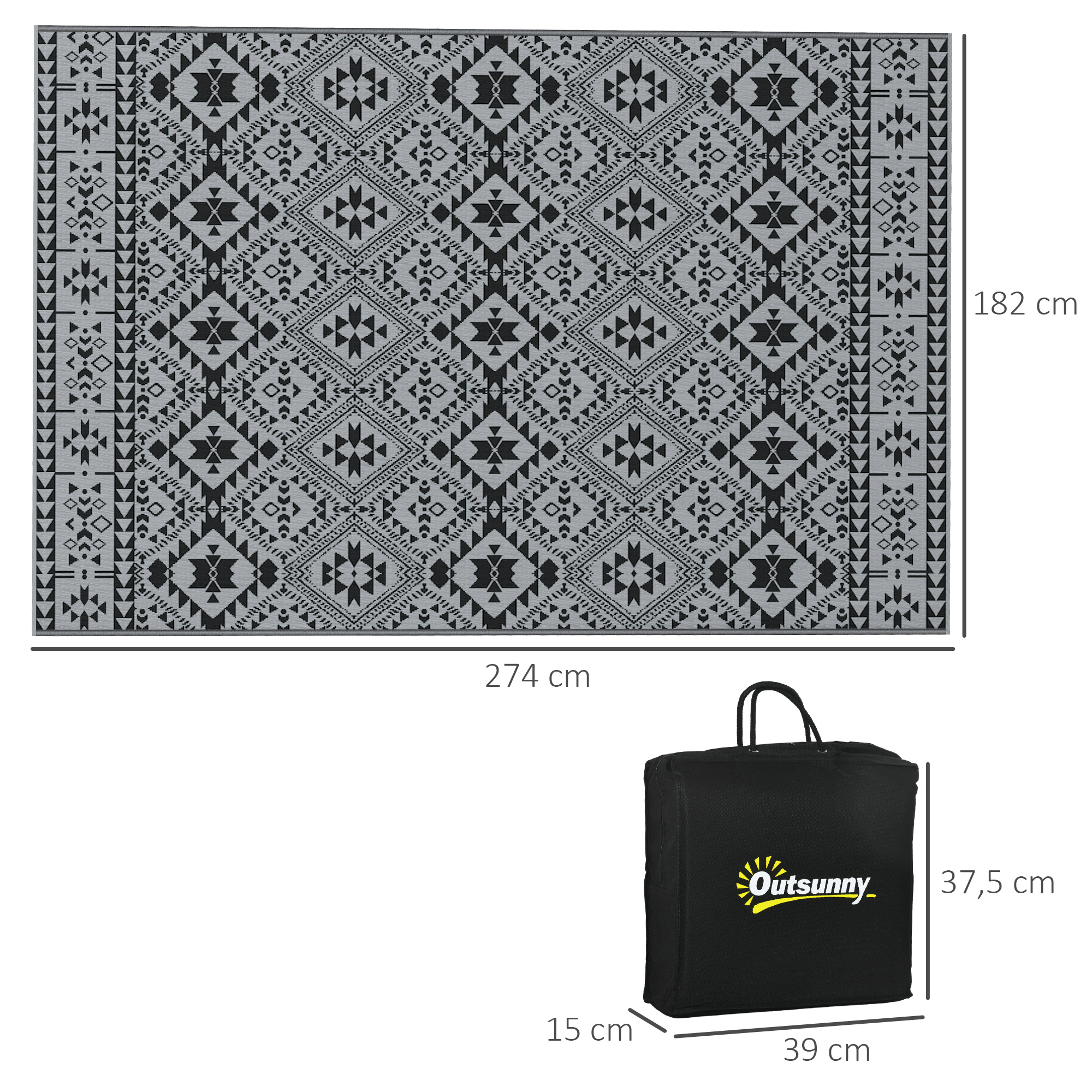 Outdoor Wendeteppich, wasserfest, geometrisch, 182x274cm, Schwarz/Grau