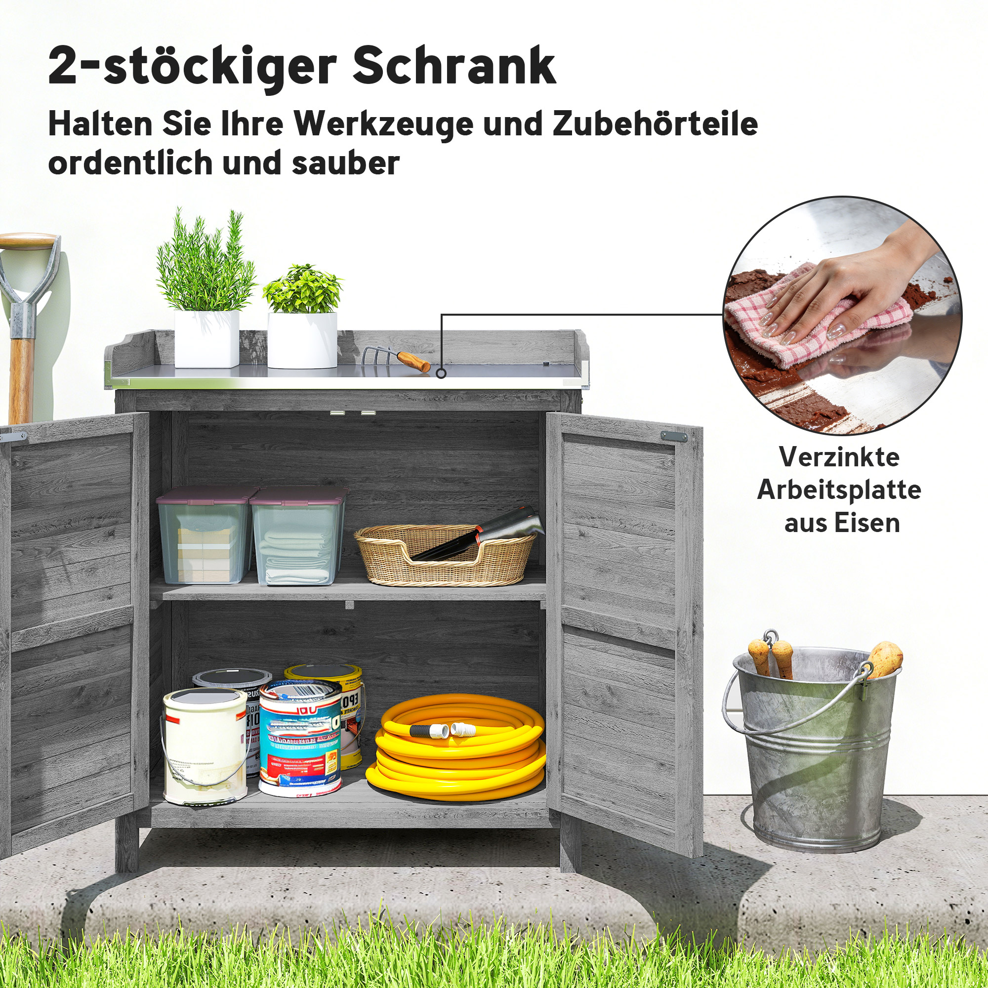 Gartenschrank mit Pflanztisch, Holz Geräteschuppen mit verzinkter Arbeitsplatte 2 Regalböden Grau