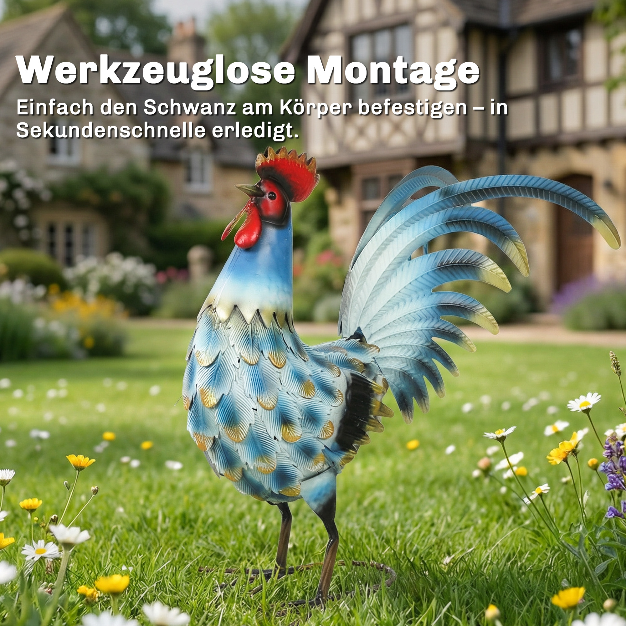 Hahn-Gartenstatue, Metall-Gartenfigur, 41 cm stehende Hahn-Skulptur mit Bodenankern, Mehrfarbig