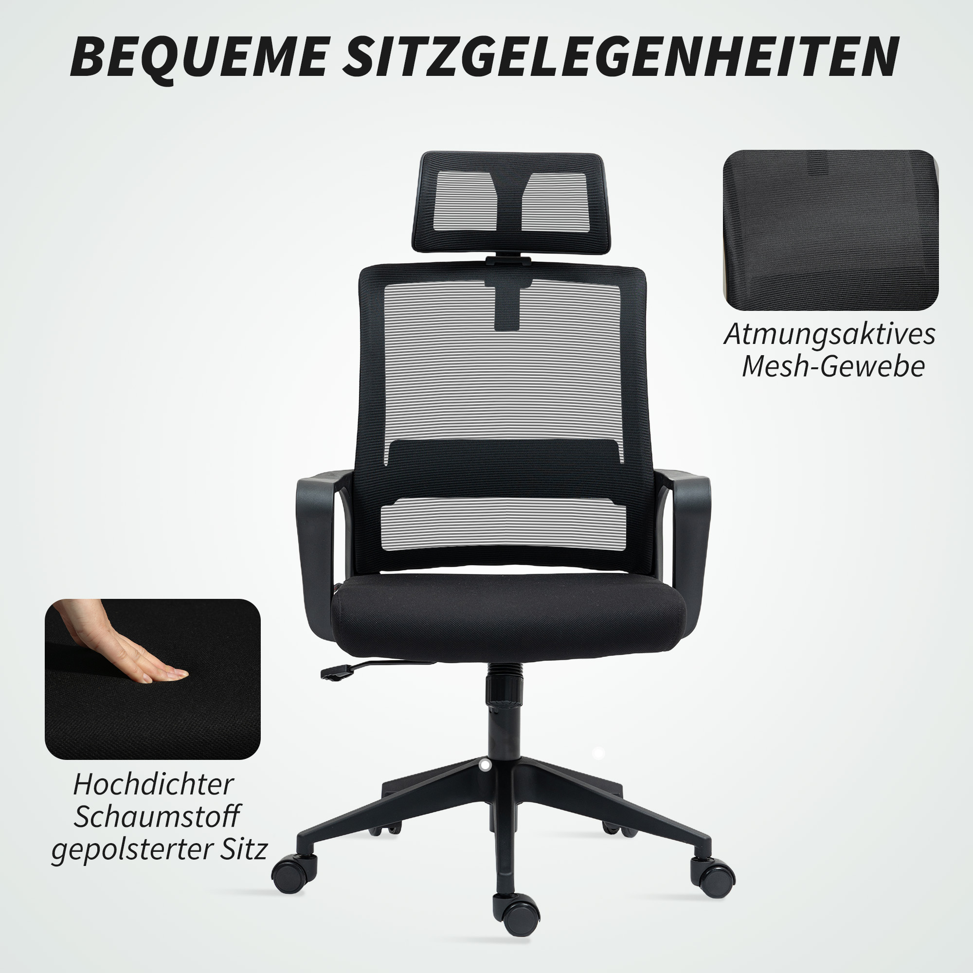 Bürostuhl, Verstellbarer Schreibtischstuhl mit Kopfstütze, Drehstuhl für Homeoffice, Büro, Schwarz