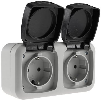 Feuchtraum Doppel-Steckdose, IP44, 250V~/ 16A, inkl. AP-Rahmen, grau Feuchtraum Doppel-Steckdose, IP44, 250V~/ 16A, inkl. AP-Rahmen, grau