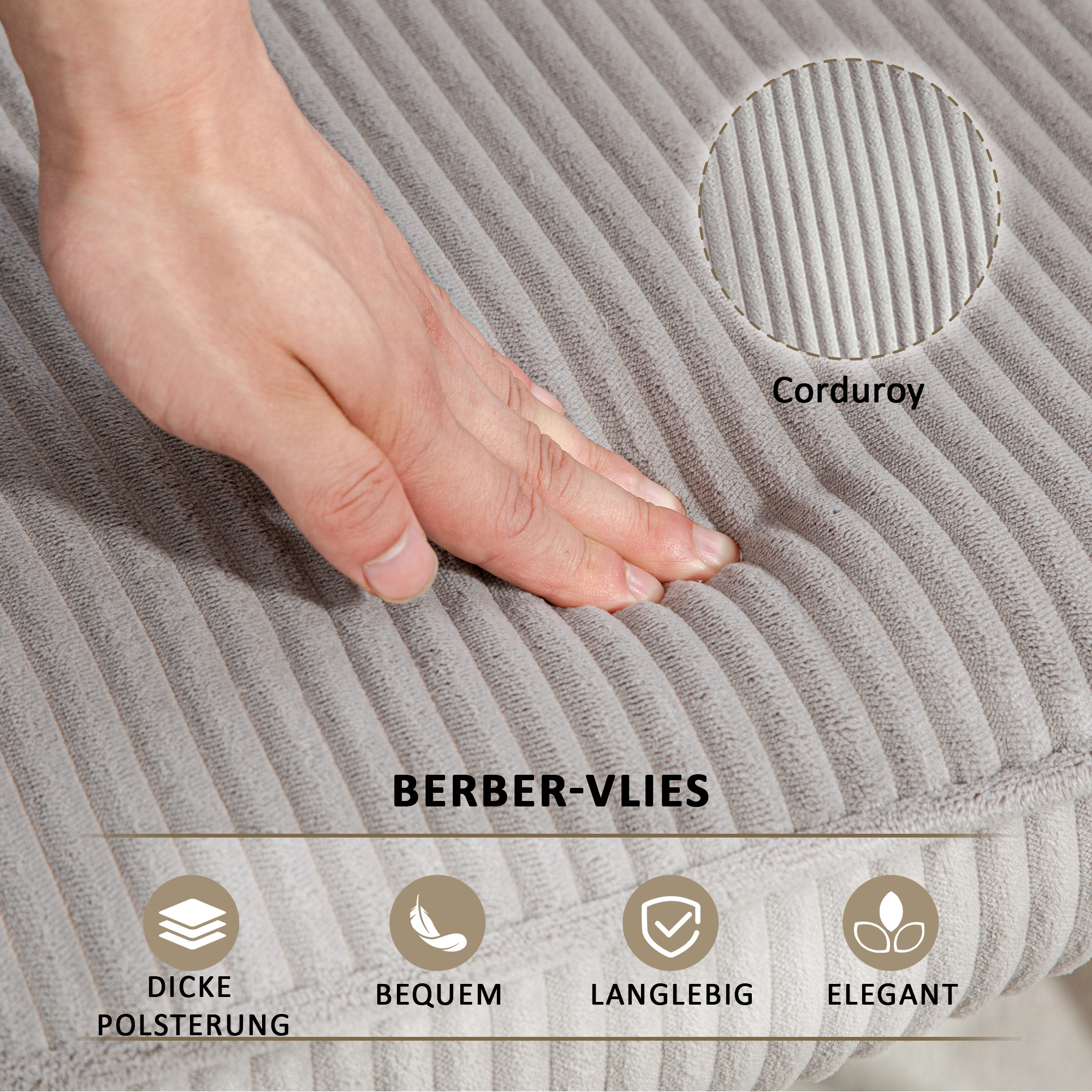 Vintage Schaukelstuhl, geschwungene Kufen, dicke Polsterung, Buchenholz & Stahl, Hellgrau