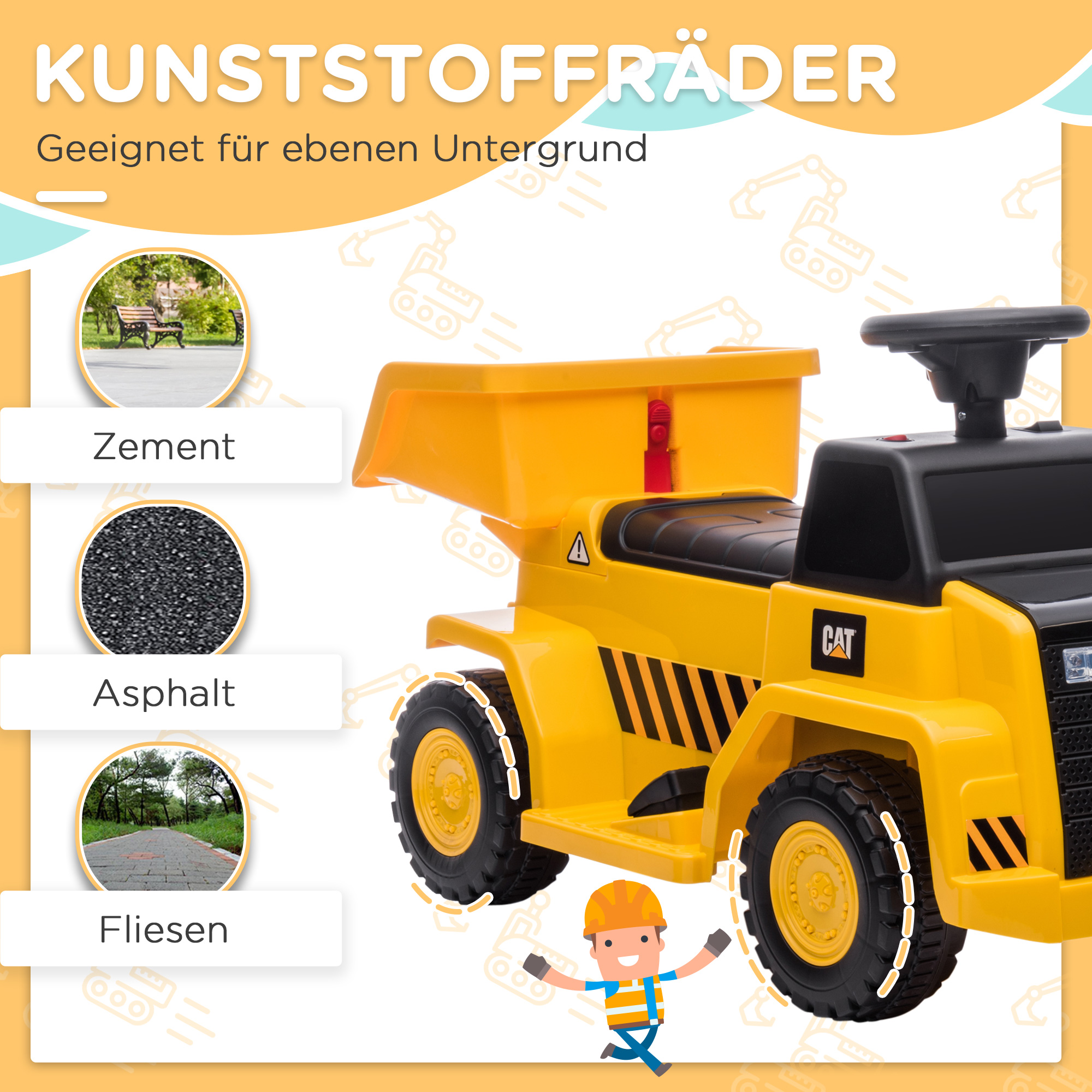 Elektro-Kipplaster für Kinder, kippbare Ladefläche, max, 3 km/h, Scheinwerfer, Hupe, gelb, 74,5 x 36 x 43,5 cm