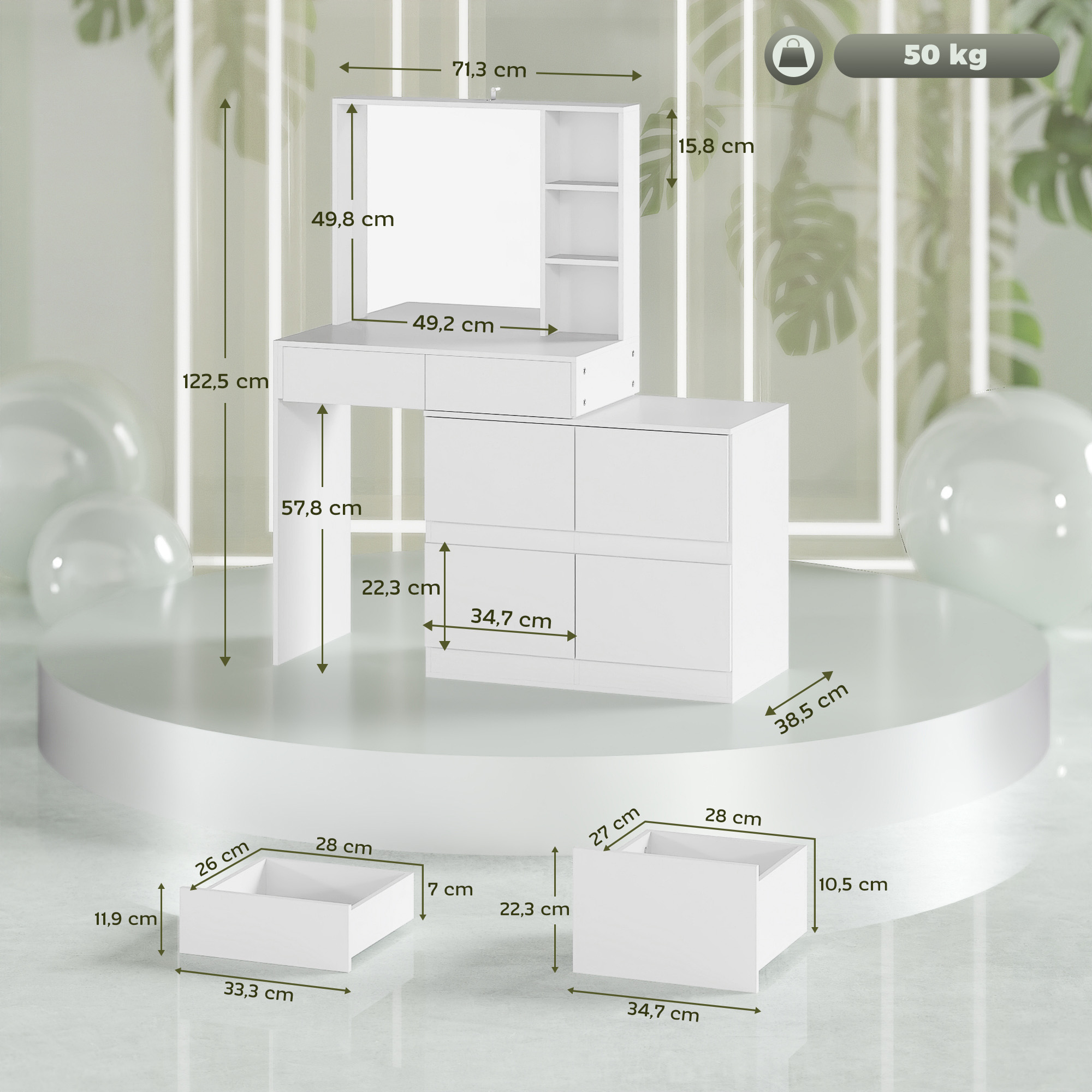 Schminktisch, Make-up-Tisch mit großem Spiegel, 4 Schubladen, 3 offene Fächer, 2 Schränke, MDF, Weiß