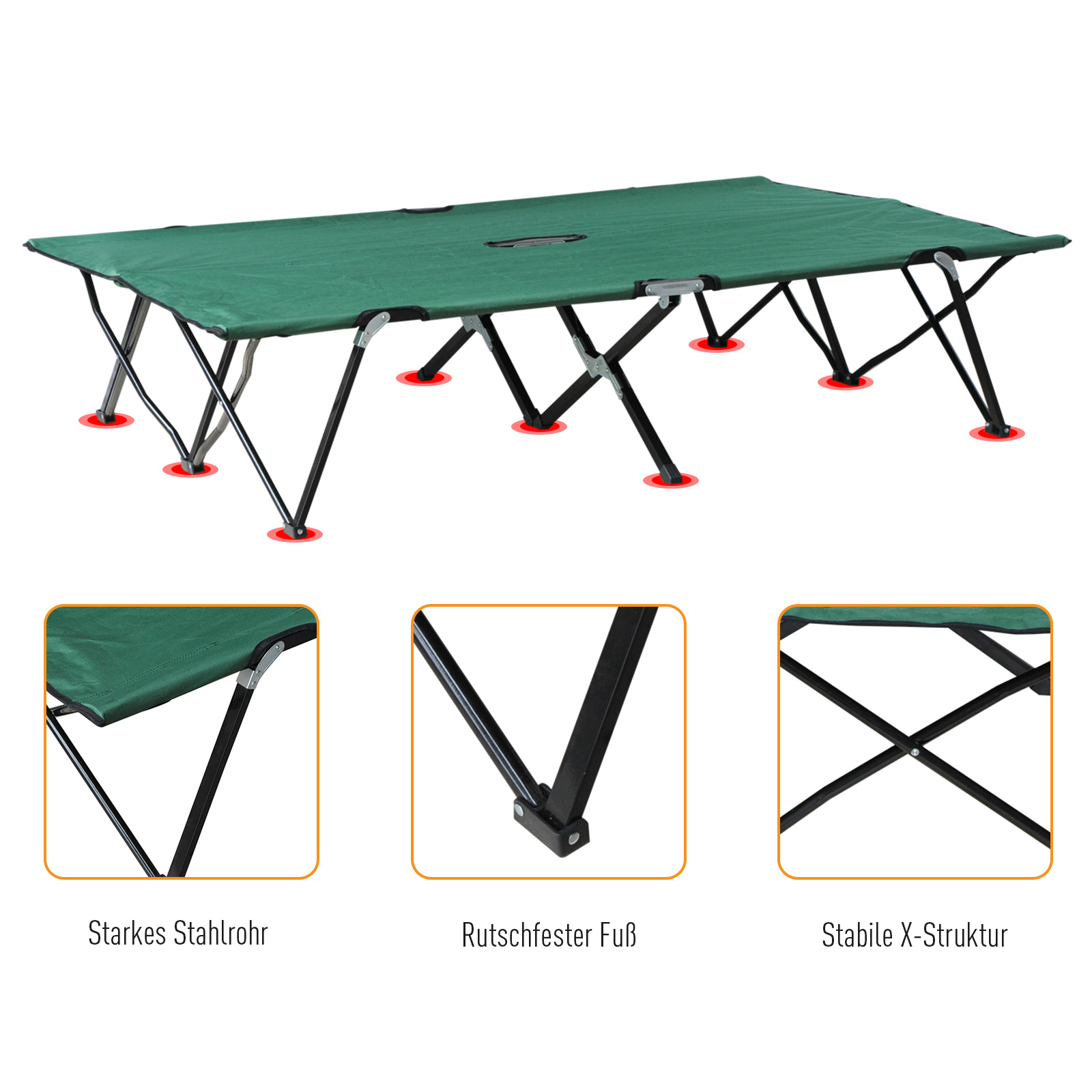Campingbett Klappbar für 2 Personen Feldbett Klappbett mit Tragetasche bis 136 kg belastbar Stahl Oxford Grün+Schwarz 193 x 125 x 40 cm