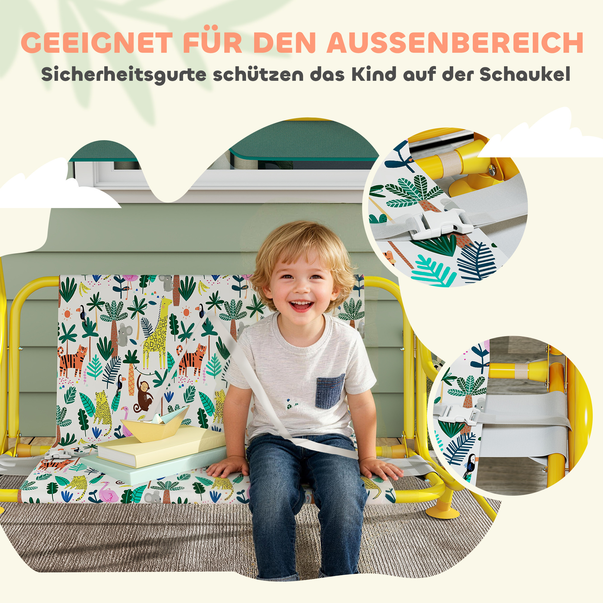 2-Sitzer Kinder Hollywoodschaukel mit verstellbar Sonnendach Sicherheitsgurt für 3-6 Jahre bis 60 kg 112x75x120cm Grün
