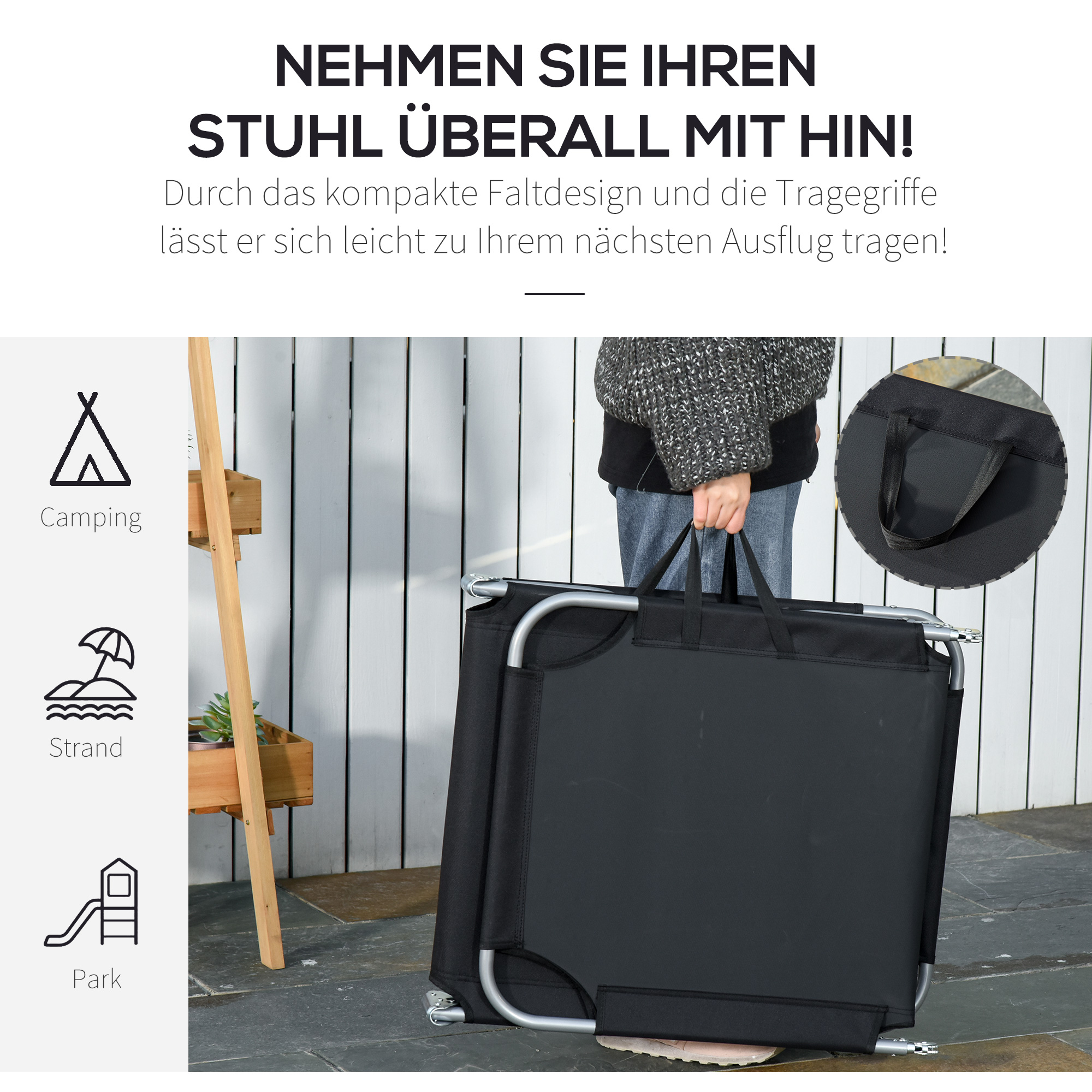 Sonnenliege, klappbar, verstellbare Rückenlehne, rostfreier Metallrahmen, 187 x 55 x 24, Schwraz