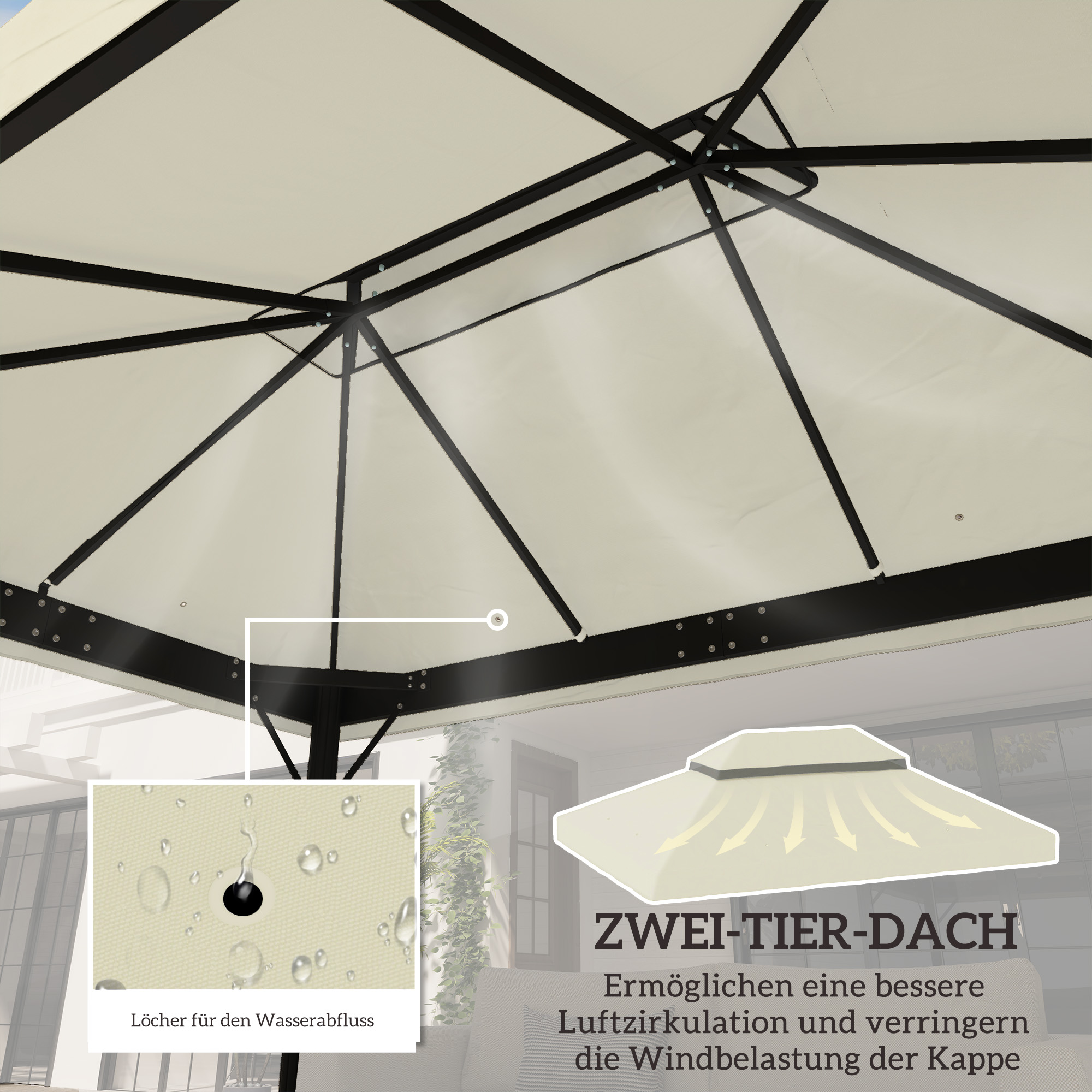 Pavillon-Ersatzdach, 3 x 4 m, Ersatzplane mit Wasserablauf-Öffnungen, Polyester, Sonnenschutz, UPF30+, Cremeweiß