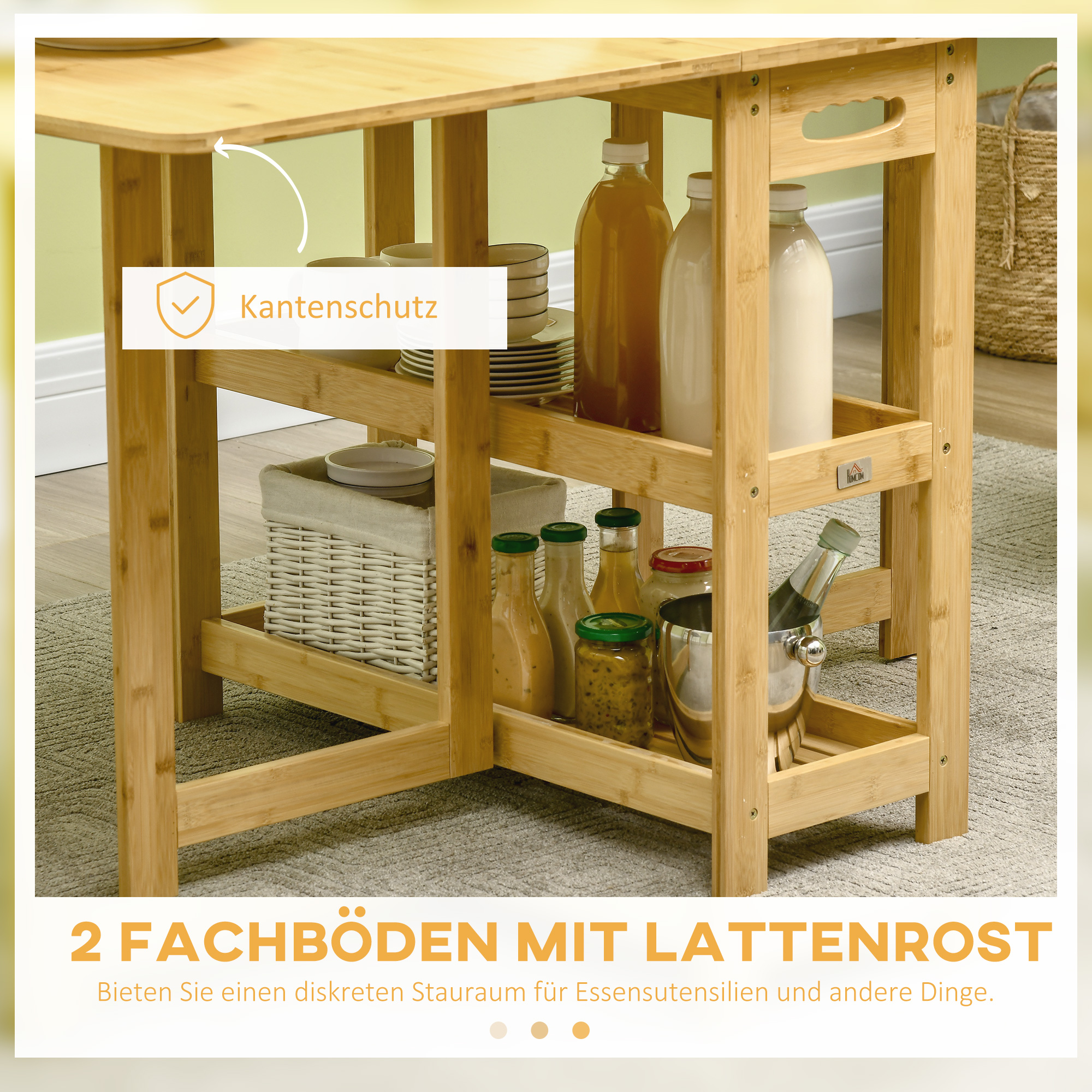 Klapptisch, Esstisch, zwei klappbare Seiten, zwei Ablagen, verstellbare Füße, Bambus, 149,5 x 80 x 73,5cm