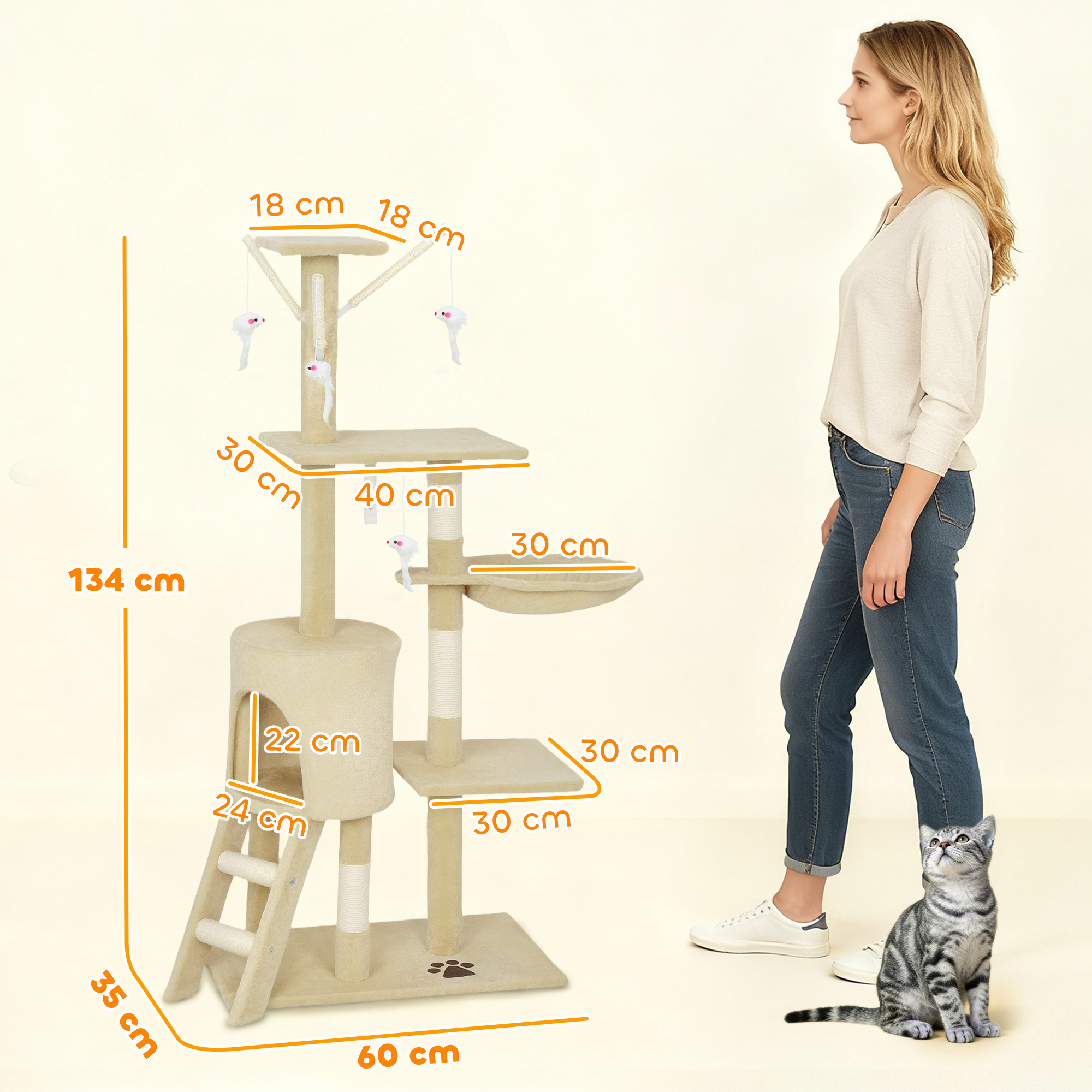 Kratzbaum Katzenbaum mit Höhle, 4 Spielzeuge, Sisalstämme, große Plattform, Treppe, für Katzen unter 5 kg, Beige