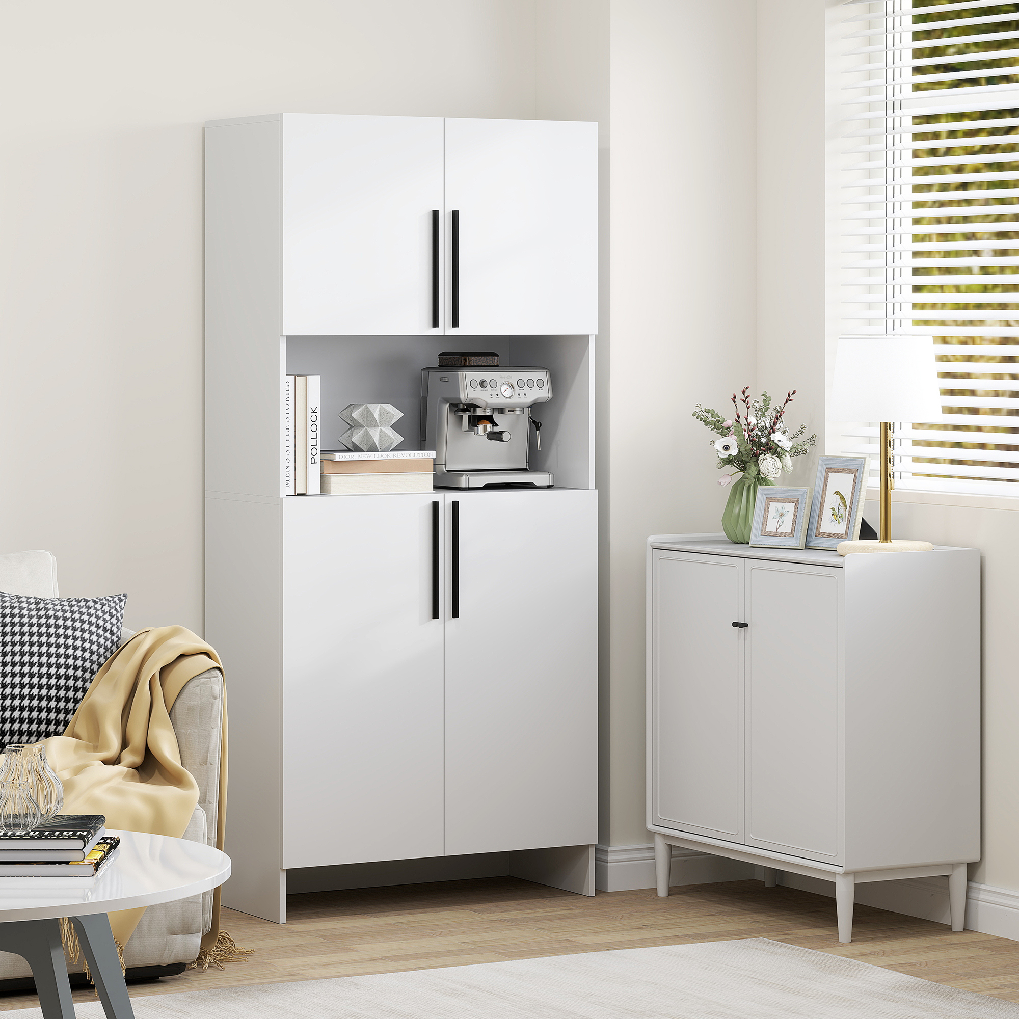 Küchenschrank, Vorratsschrank für Küche, Wohnzimmer, Esszimmer, Schränke, Regale, Mikrowellenablage, Spanplatte, Weiß