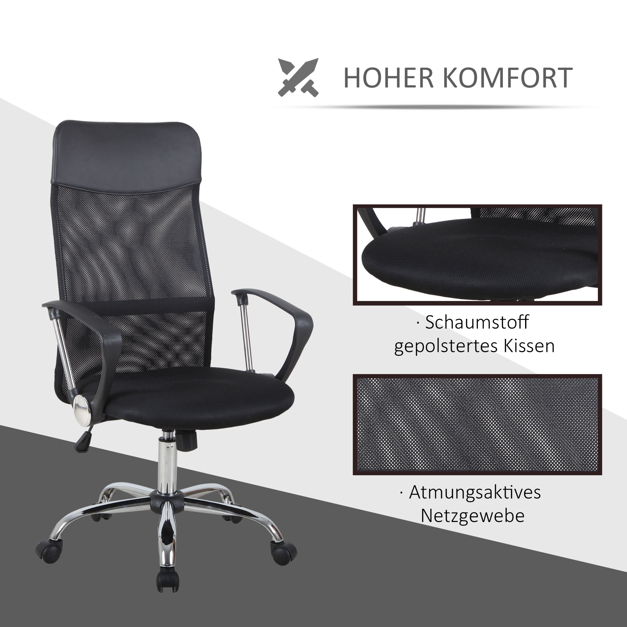 Ergonomischer Bürostuhl, Gaming Stuhl, Drehstuhl mit Wippenfunktion, höhenverstellbarer Schreibtischstuhl, Schaumstoff, Netz, Schwarz,  63 x 65 x 109-119 cm